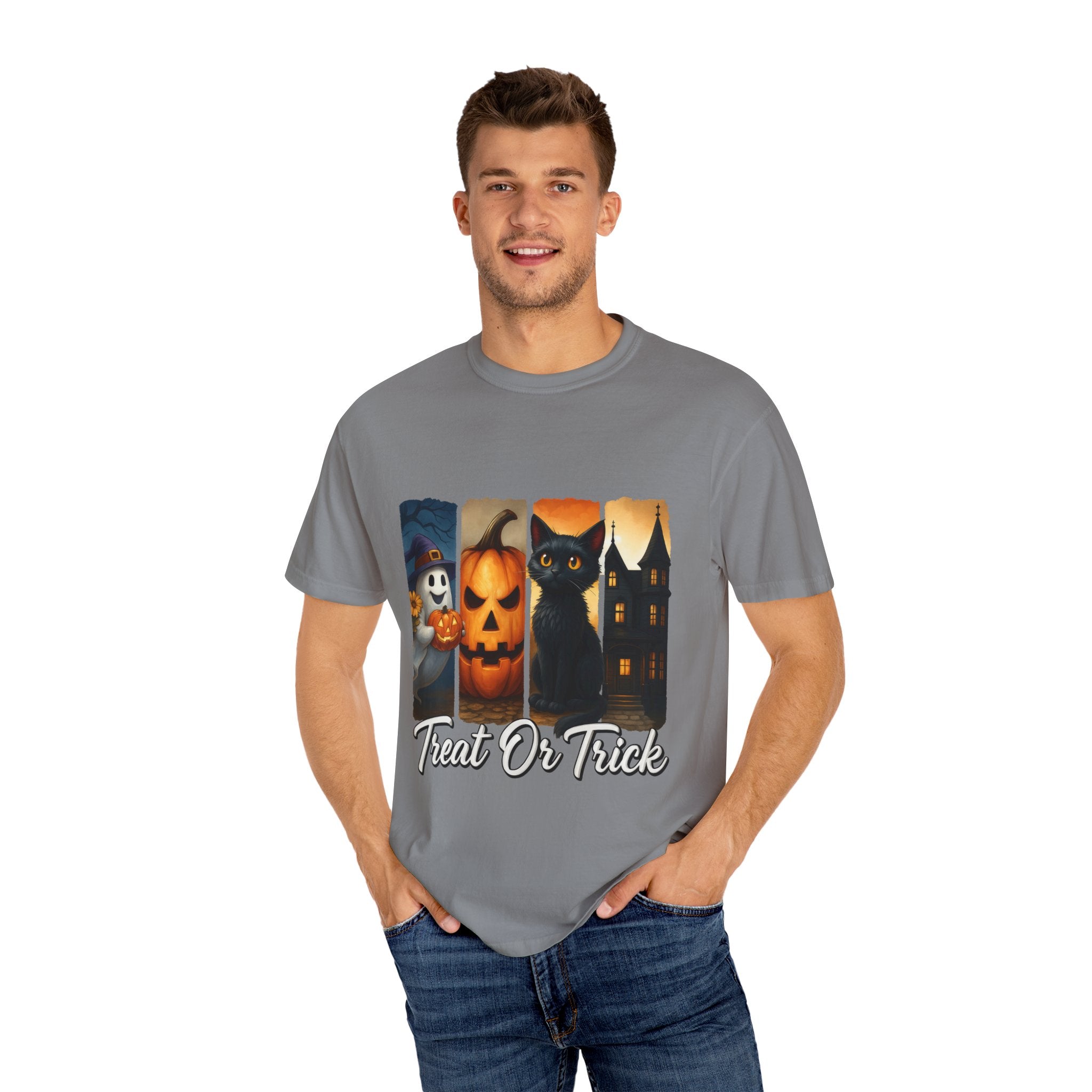 Treat Or Trick Halloween T-Shirt – Cute Ghost, Pumpkin, Black Cat & Haunted House Design