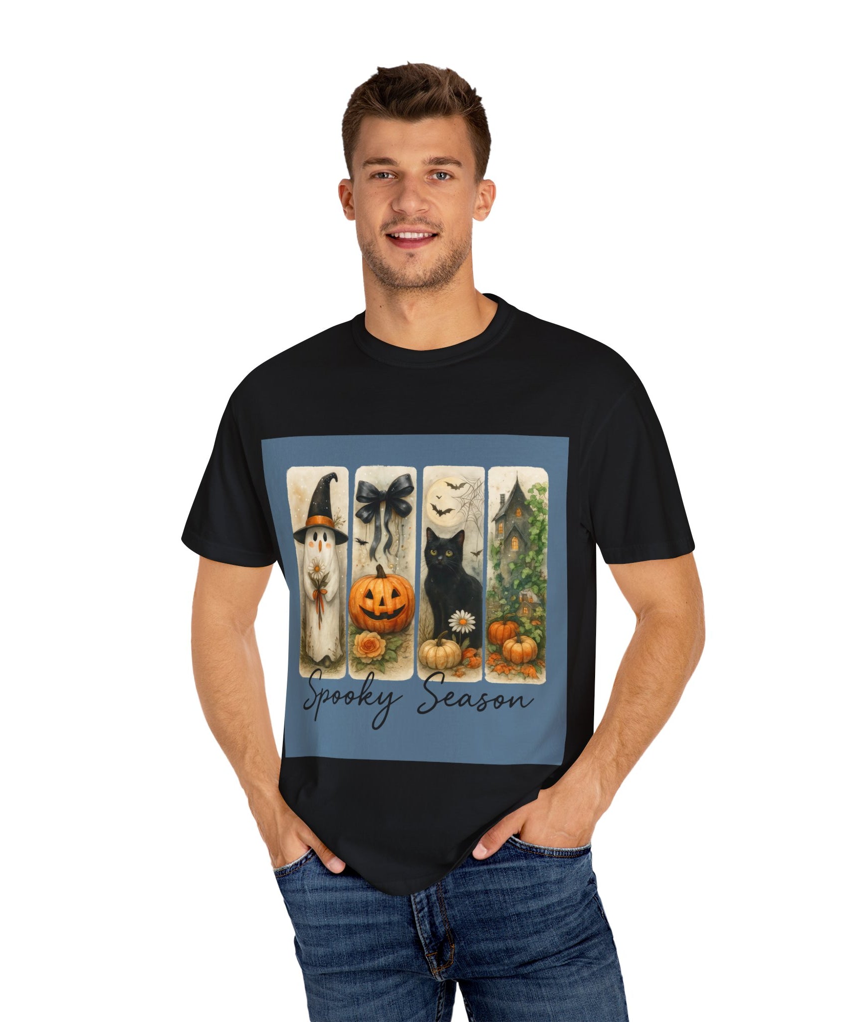 Vintage Halloween Unisex T-Shirt – Cute Ghost, Black Cat, Pumpkin & Haunted House Art - Gallory Hive