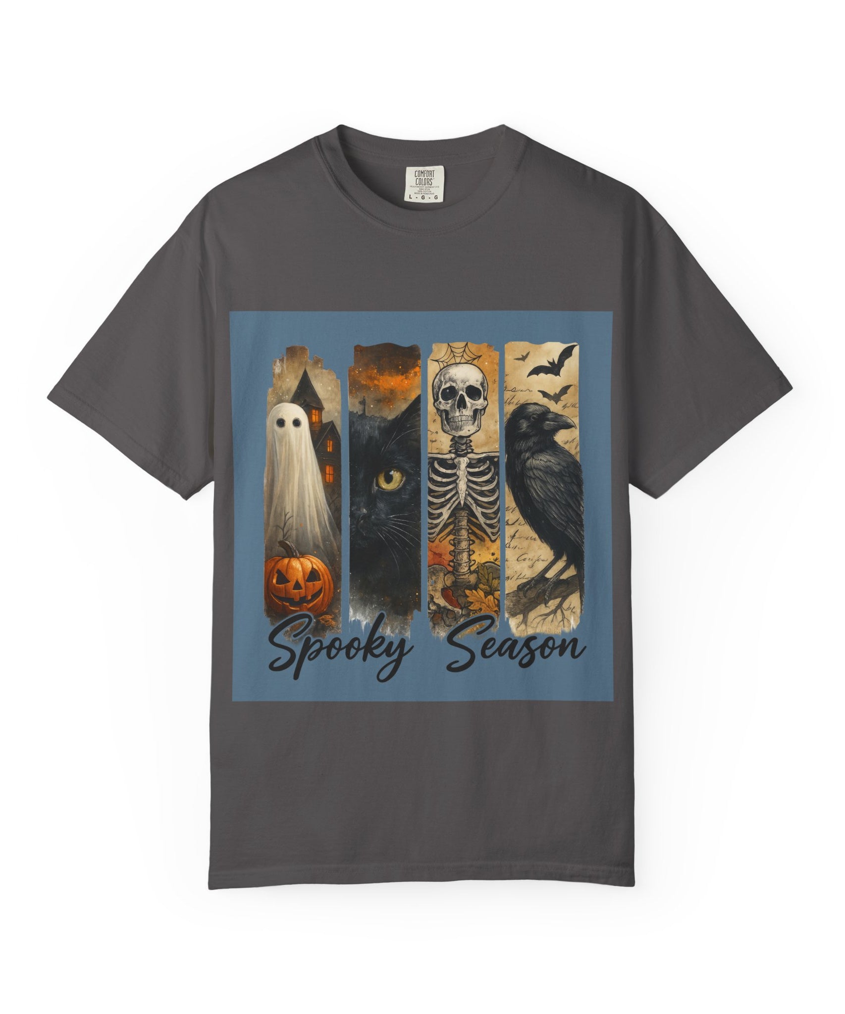 Spooky Season Gothic Halloween T-Shirt – Ghost, Black Cat, Skeleton & Raven Design - Gallory Hive
