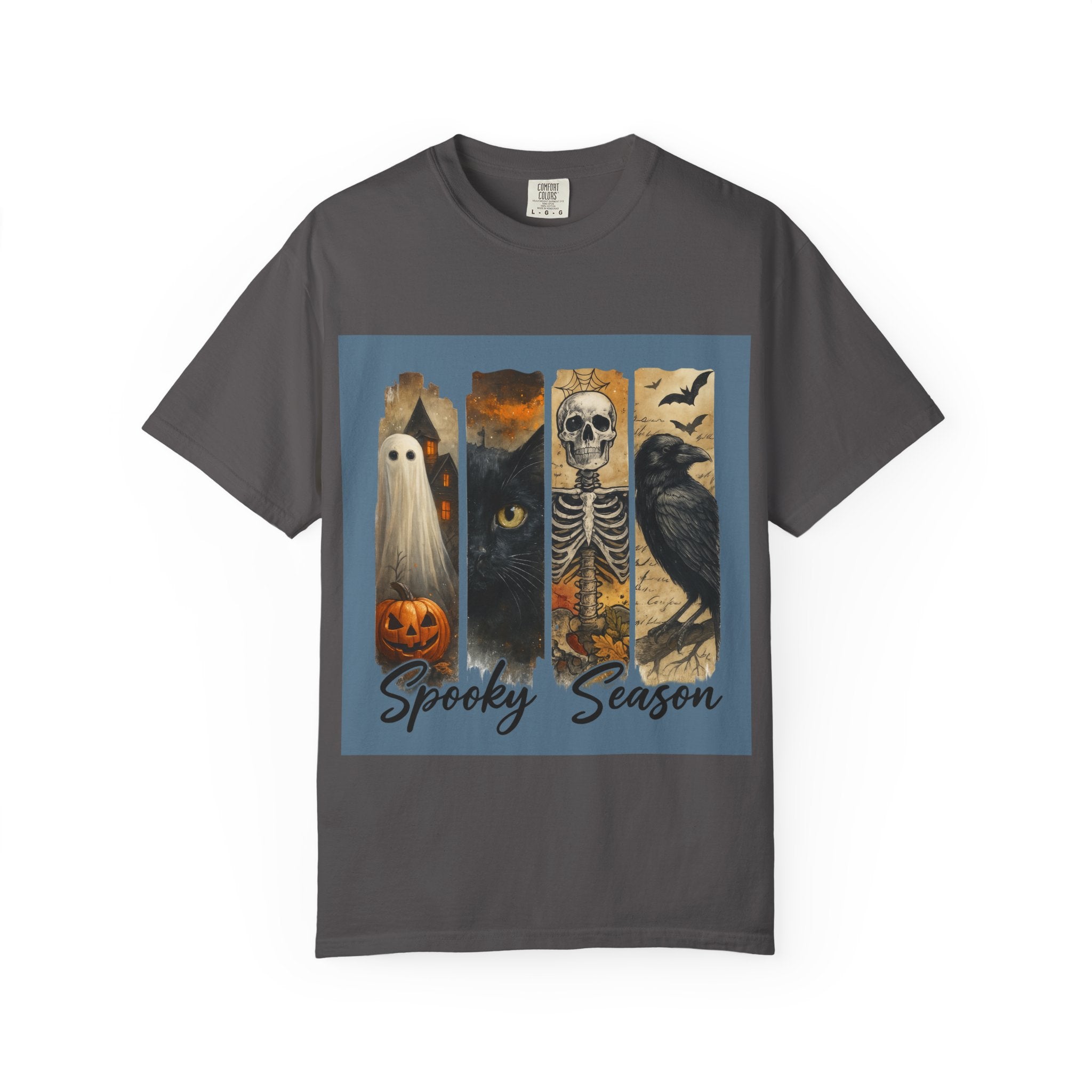 Spooky Season Gothic Halloween T-Shirt – Ghost, Black Cat, Skeleton & Raven Design