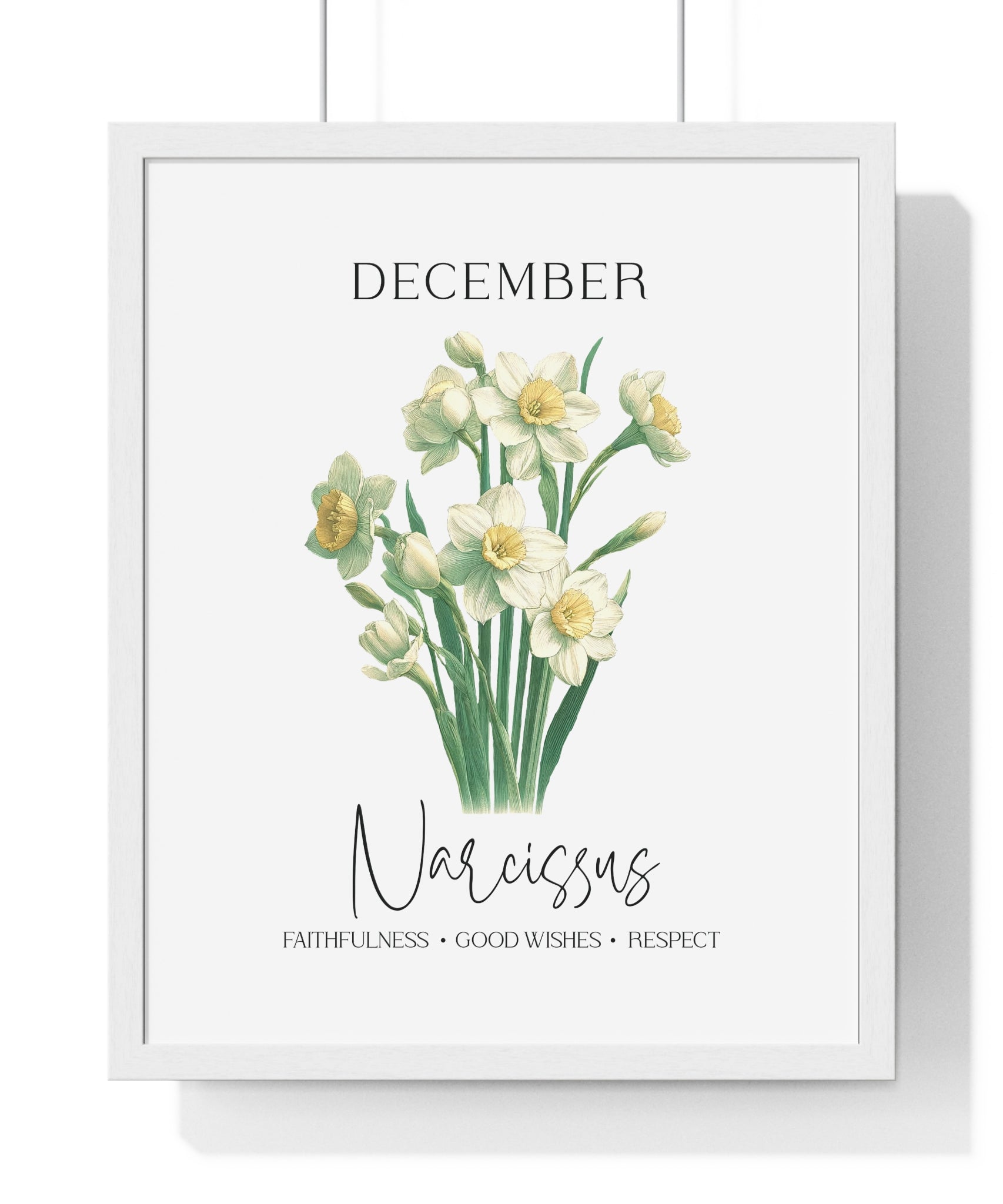 December Birth Month Flower Wall Art – Narcissus Illustration in Wooden Frame | Faithfulness, Good Wishes & Respect