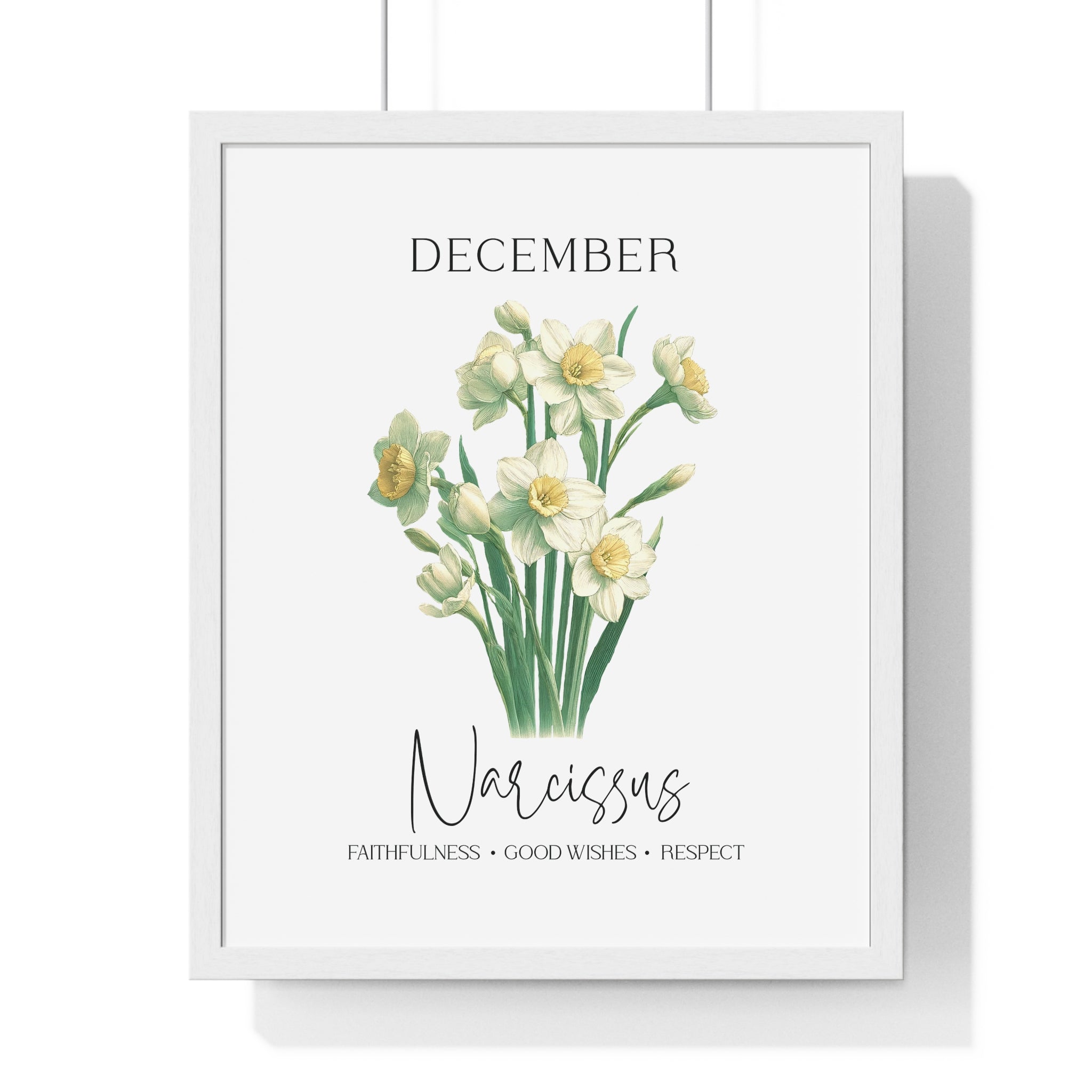 December Birth Month Flower Wall Art – Narcissus Illustration in Wooden Frame | Faithfulness, Good Wishes & Respect