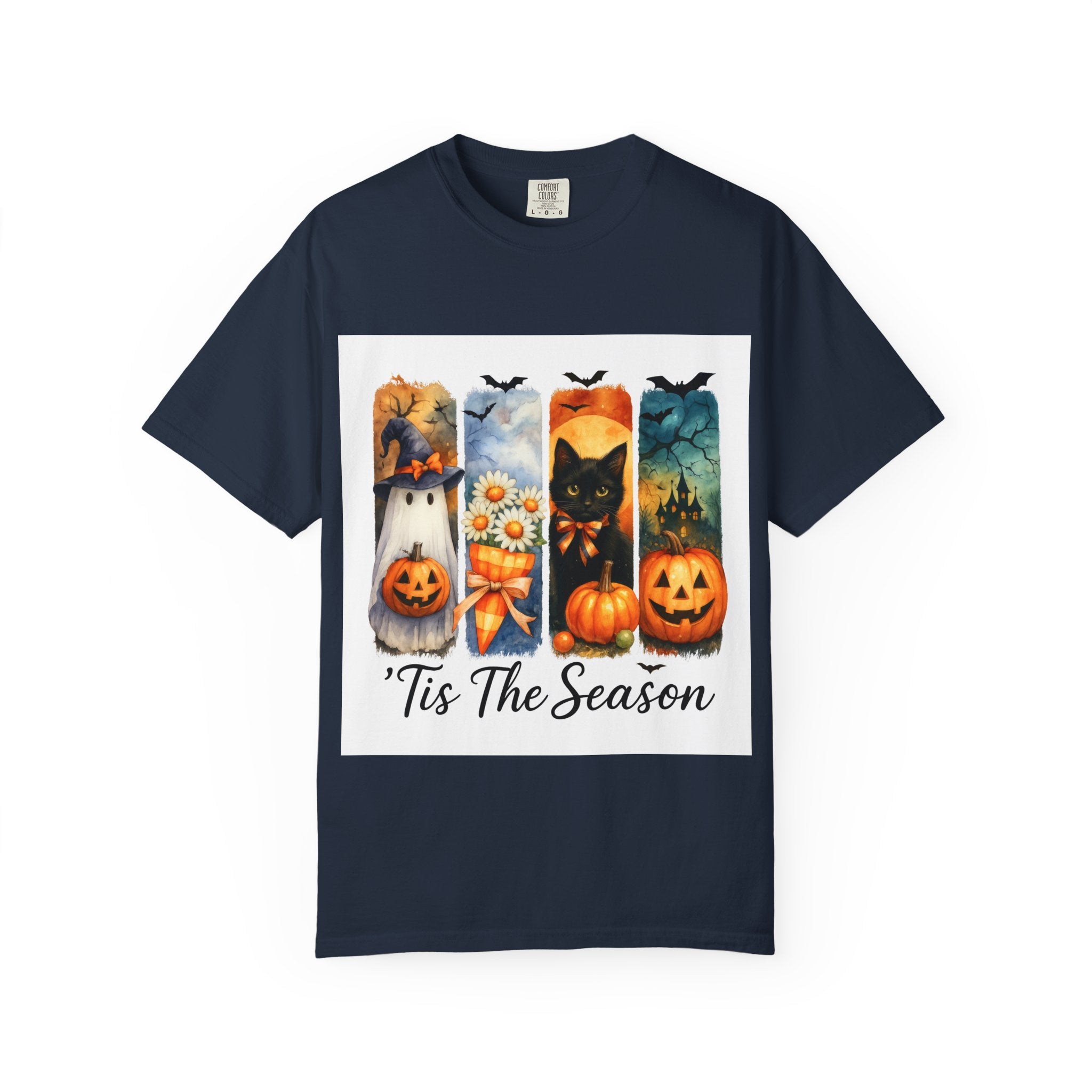 Whimsical Halloween T-Shirt – Ghost, Black Cat, Pumpkins & Haunted House Design