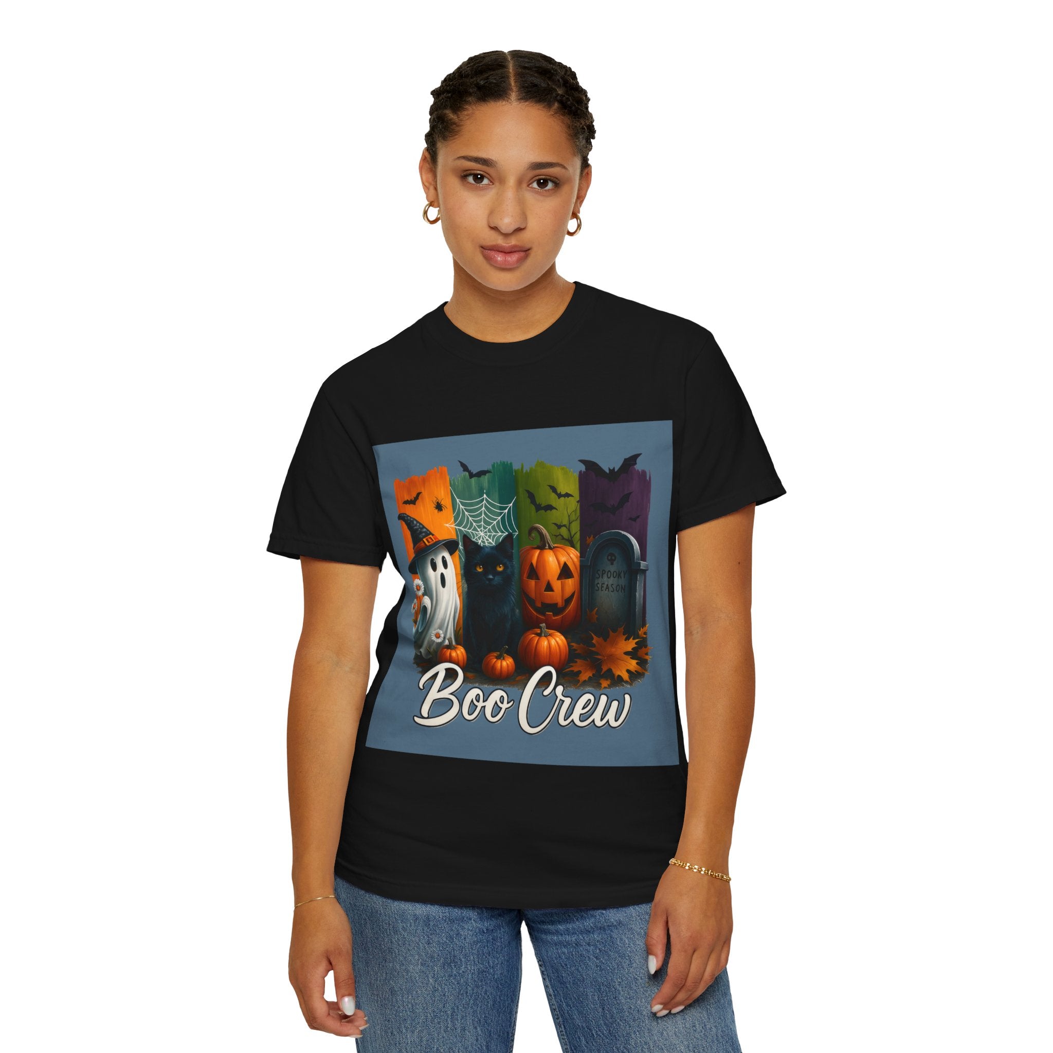 Boo Crew Halloween Unisex T-Shirt – Cute Ghost, Black Cat, Pumpkin & Tombstone Design