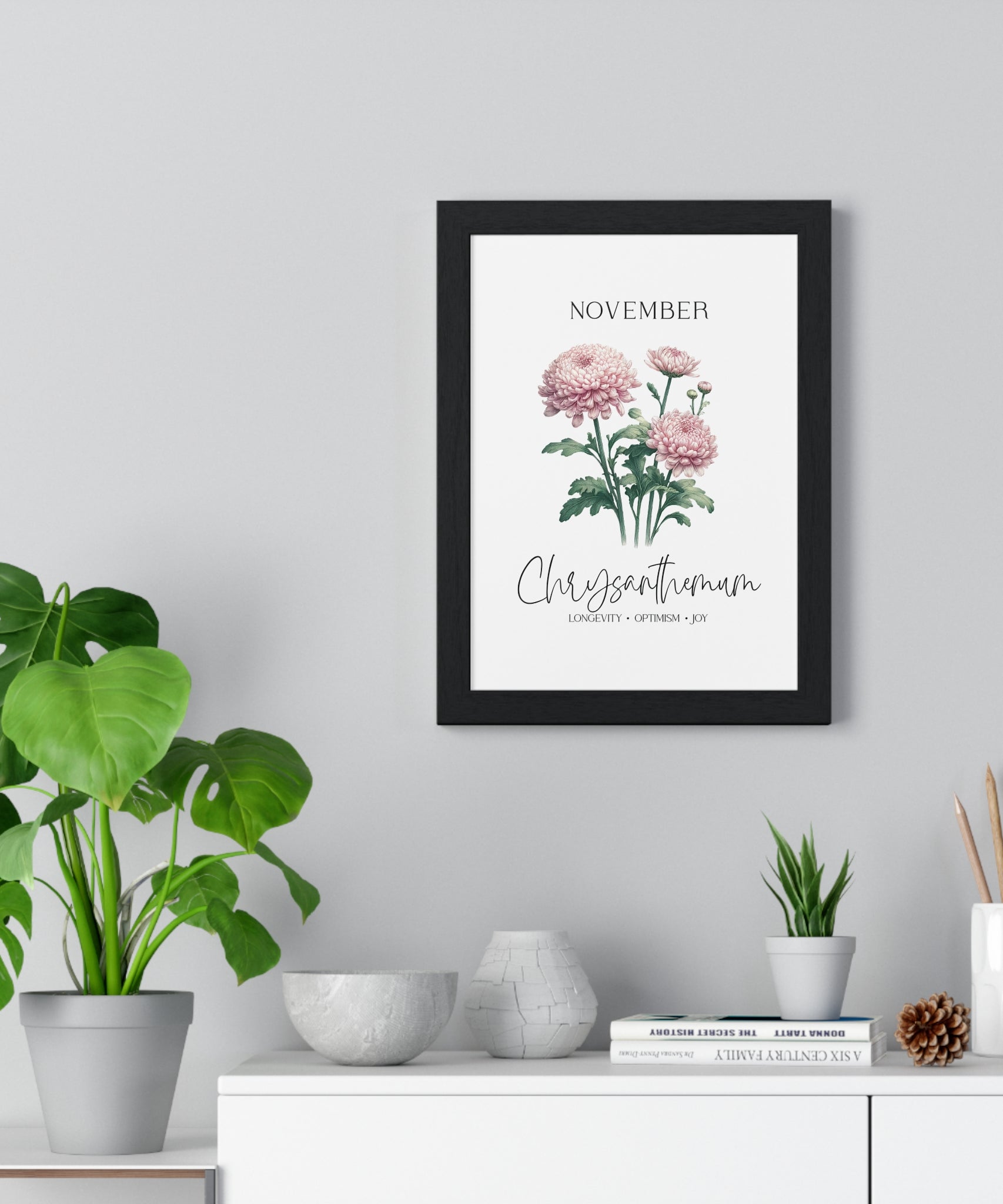 November Birth Month Flower Wall Art – Chrysanthemum Illustration in Wooden Frame | Longevity, Optimism & Joy