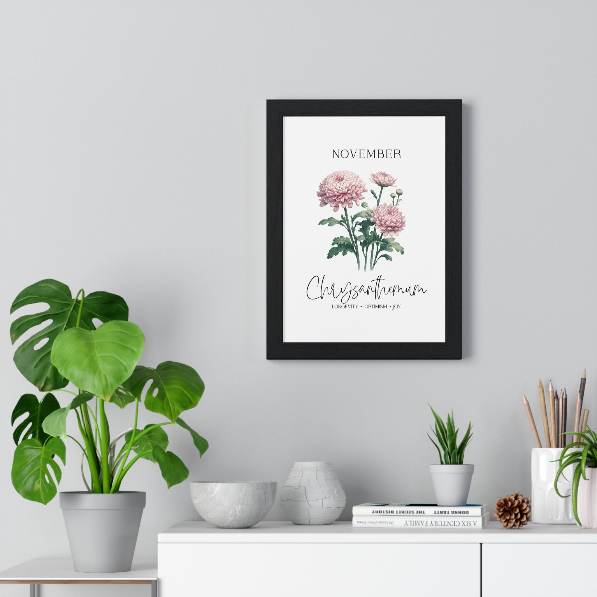 November Birth Month Flower Wall Art – Chrysanthemum Illustration in Wooden Frame | Longevity, Optimism & Joy