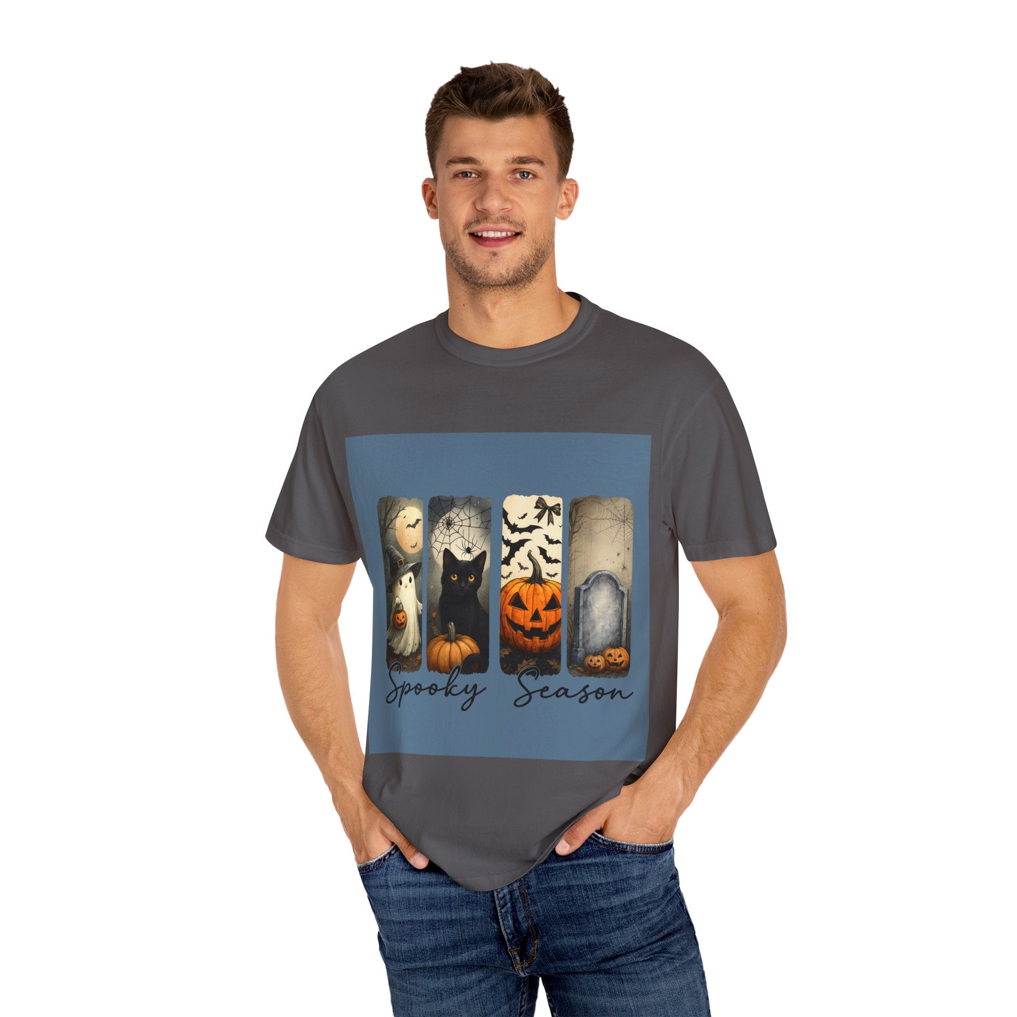 Halloween Night Unisex T-Shirt – Ghost, Black Cat, Pumpkin & Tombstone Vintage Art