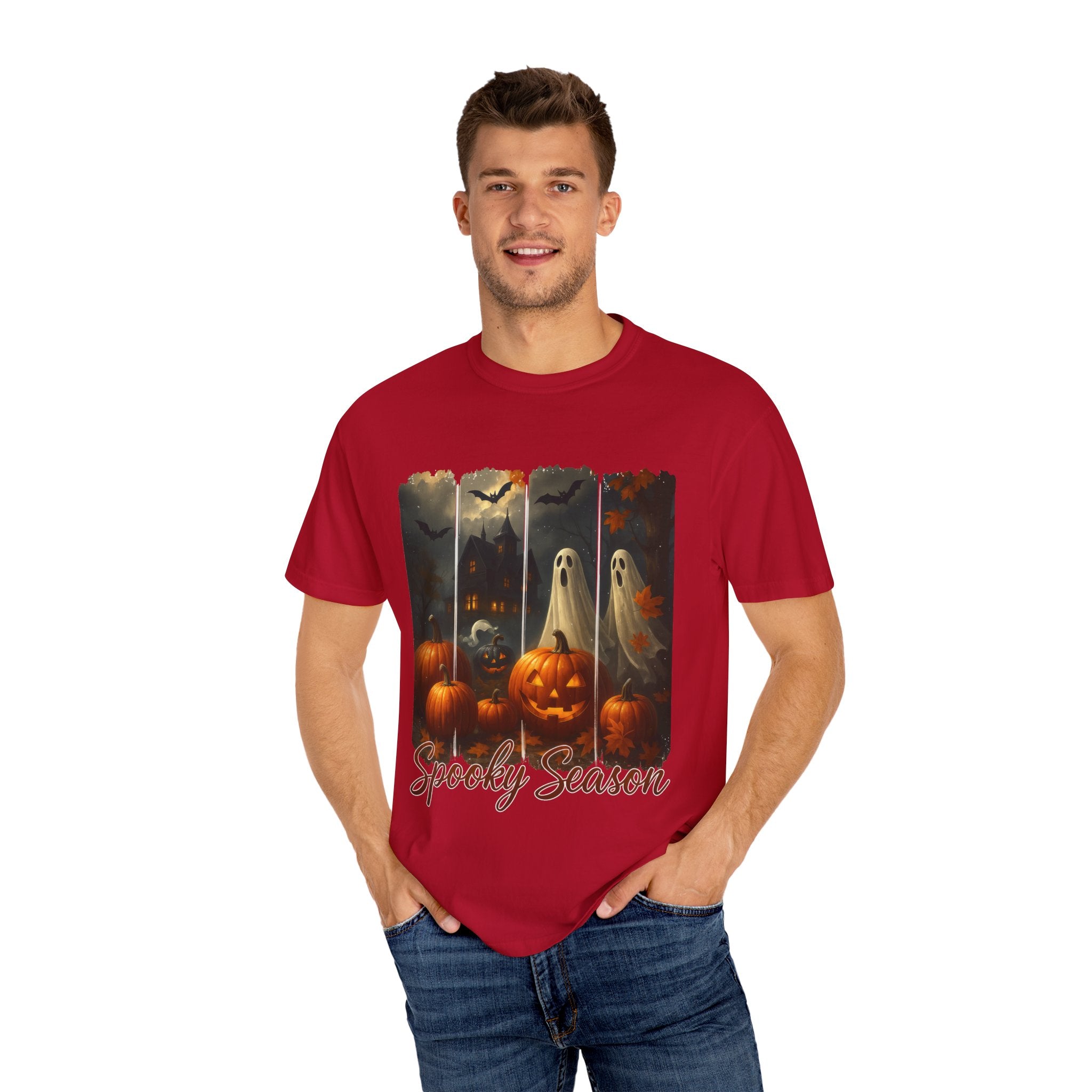 Spooky Season Unisex Halloween T-Shirt – Haunted House, Pumpkins & Ghosts Fall Design