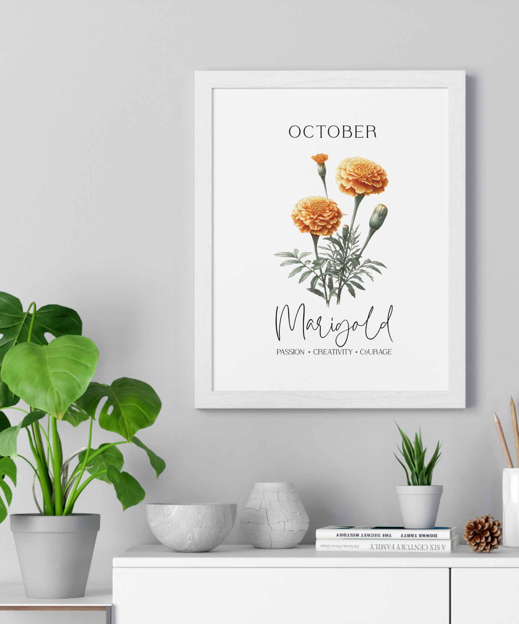 October Birth Month Flower Wall Art – Marigold Illustration in Wooden Frame | Passion, Creativity & Courage