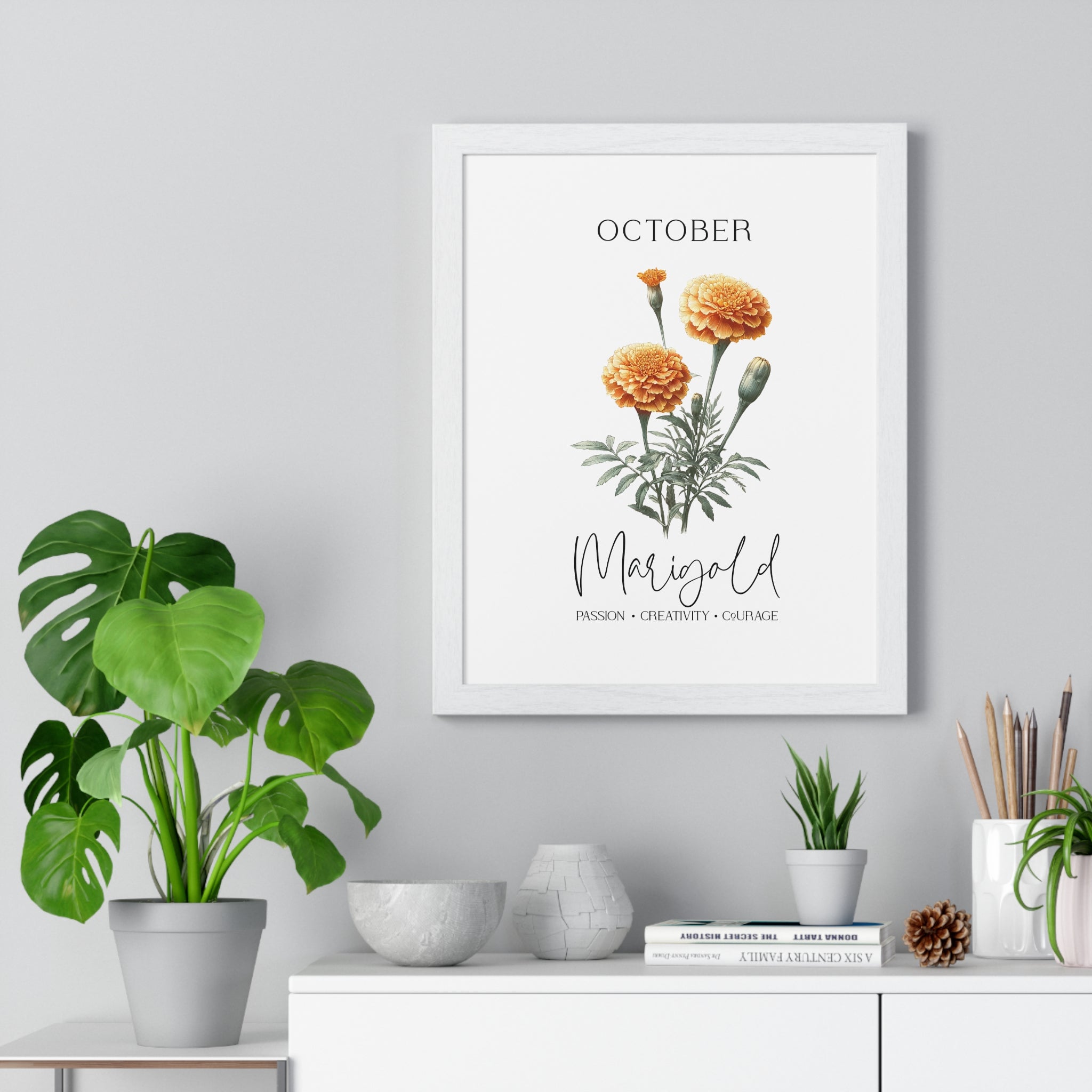 October Birth Month Flower Wall Art – Marigold Illustration in Wooden Frame | Passion, Creativity & Courage