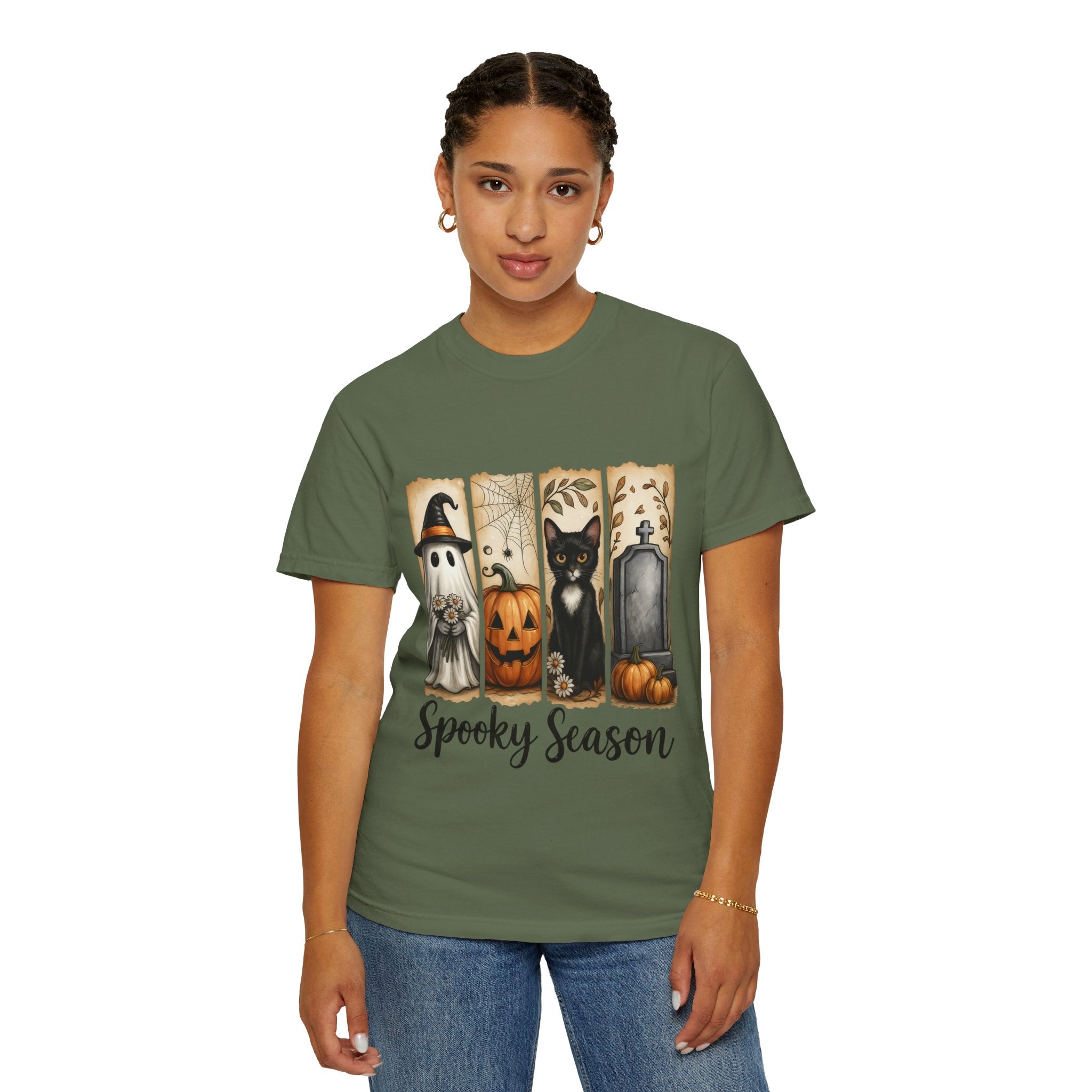 Spooky Season Halloween Unisex T-Shirt – Ghost, Cat & Pumpkin Design - Gallory Hive