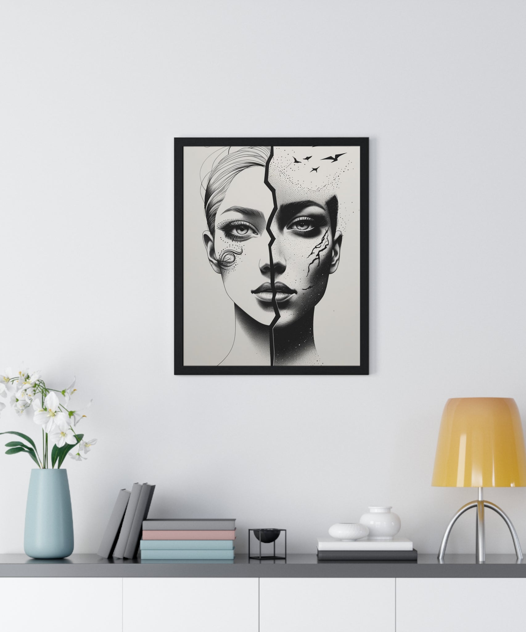 Vertical Framed Poster, Artistic Split Face Poster, Abstract Wall Art, Modern Home Decor, Unique Gift for Art Lovers, Stylish Room - Gallory Hive