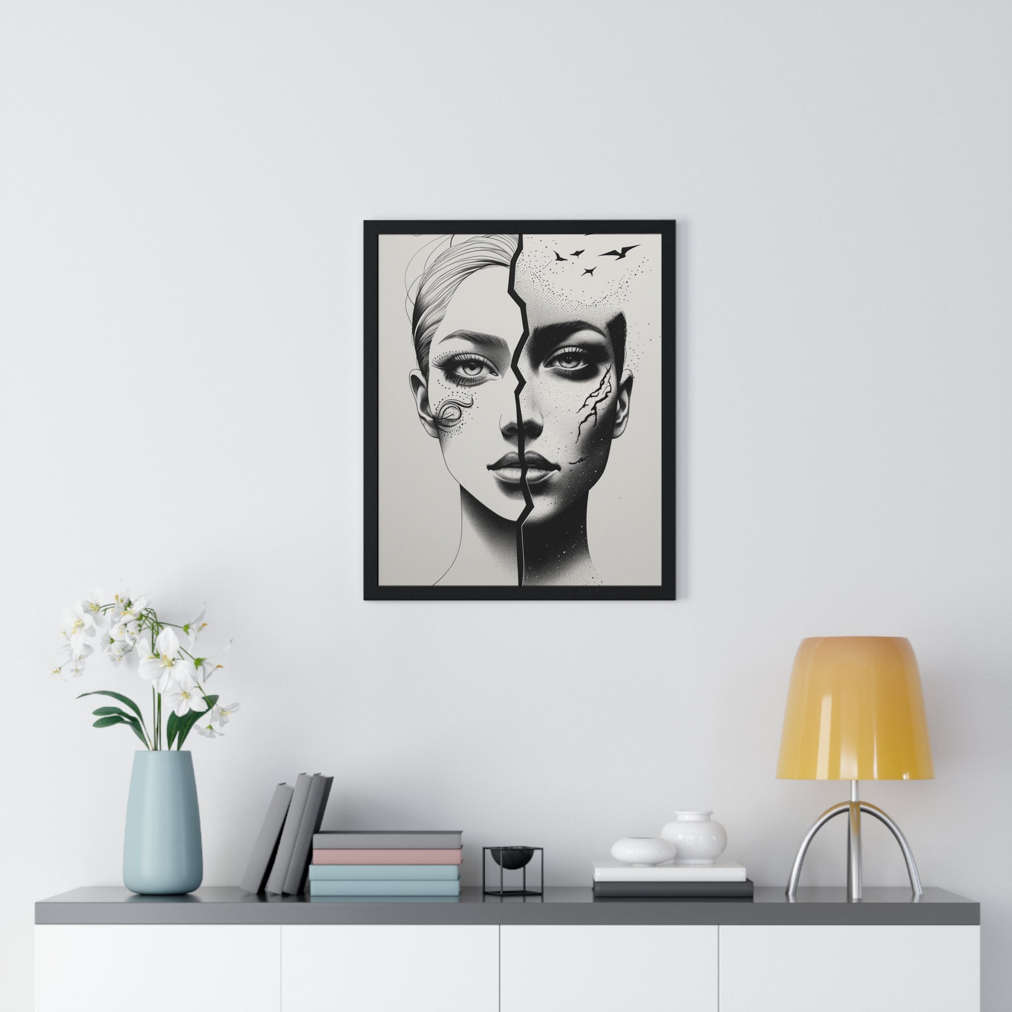 Vertical Framed Poster, Artistic Split Face Poster, Abstract Wall Art, Modern Home Decor, Unique Gift for Art Lovers, Stylish Room