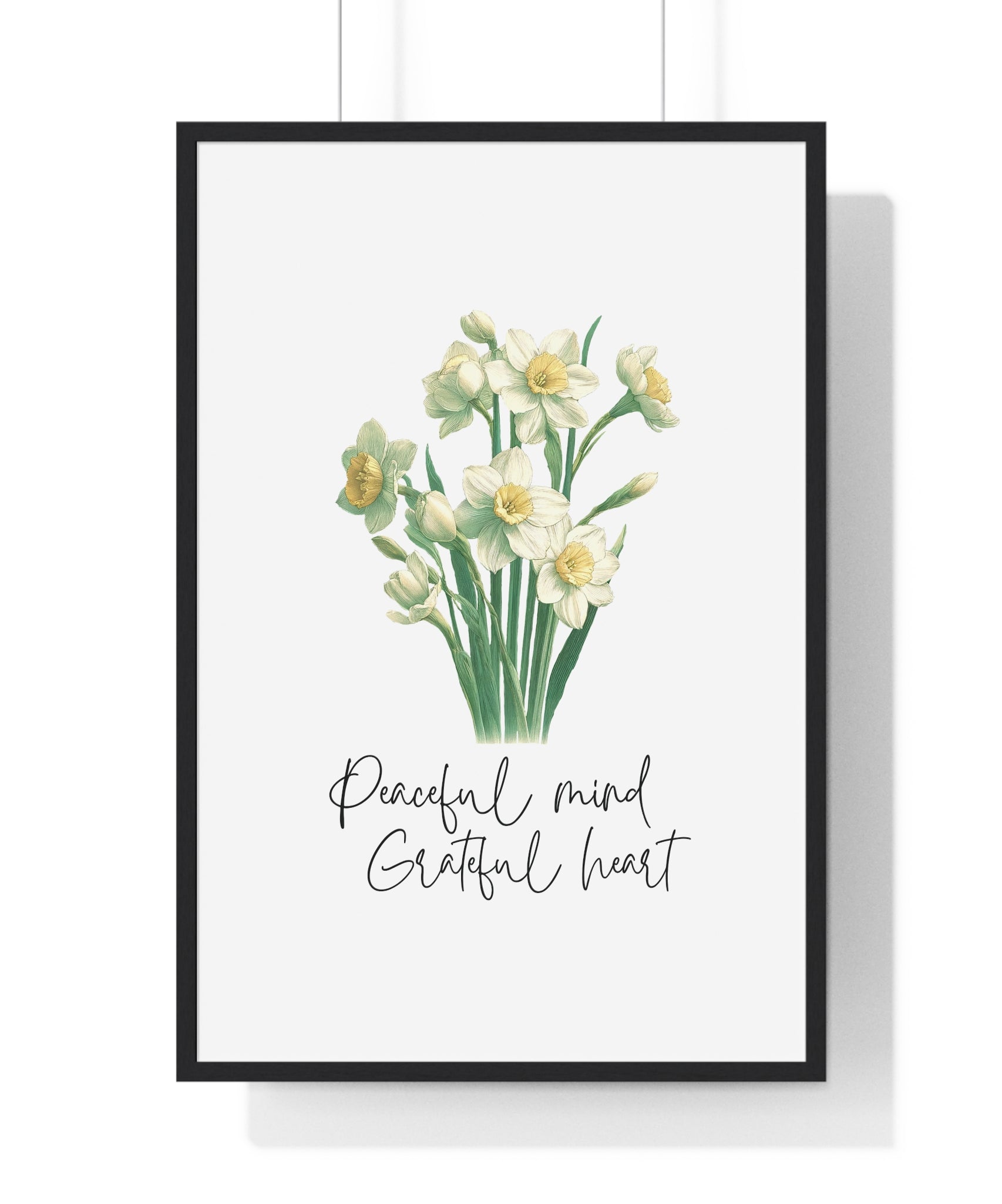 December Birth Month Flower Wall Art – Narcissus Illustration with Inspirational Quote in Wooden Frame | Peaceful Mind & Grateful Heart