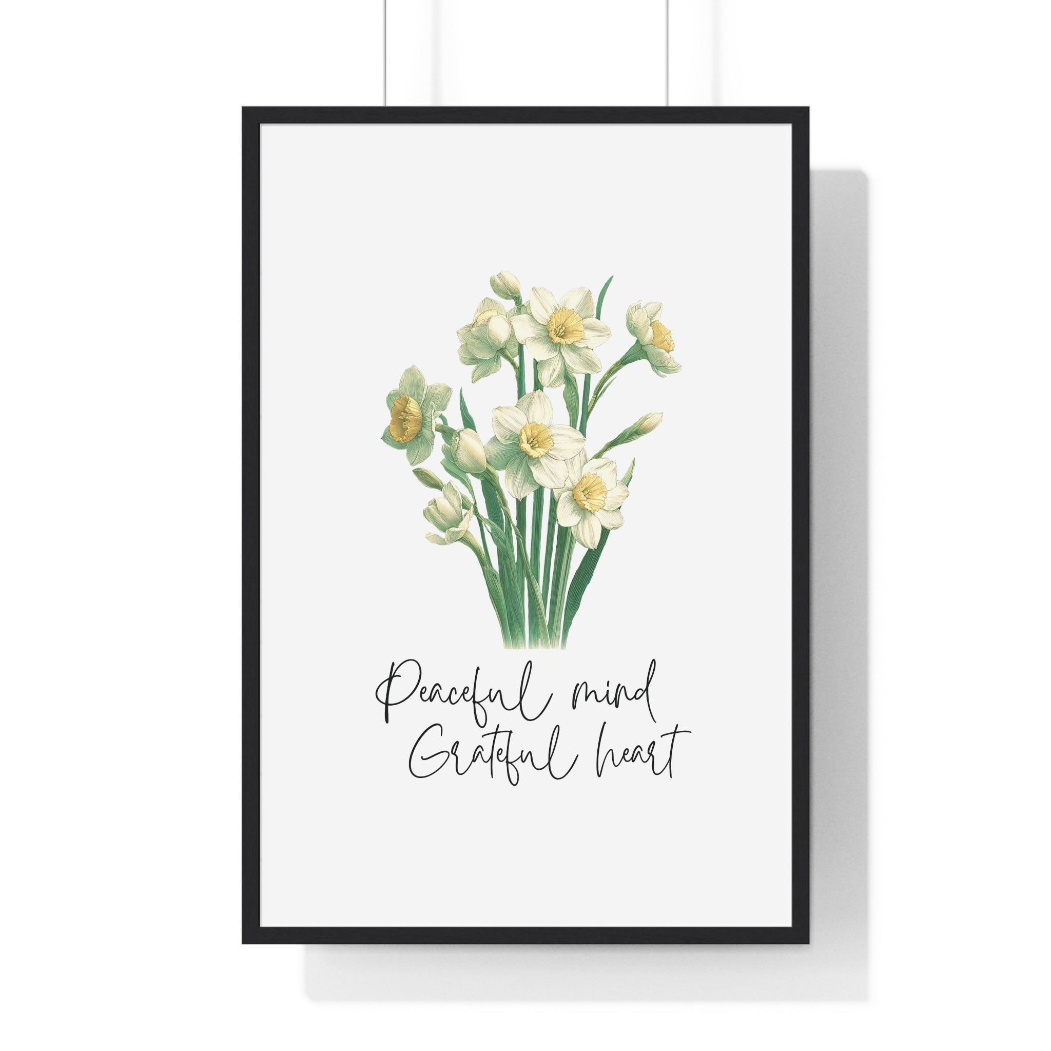 December Birth Month Flower Wall Art – Narcissus Illustration with Inspirational Quote in Wooden Frame | Peaceful Mind & Grateful Heart