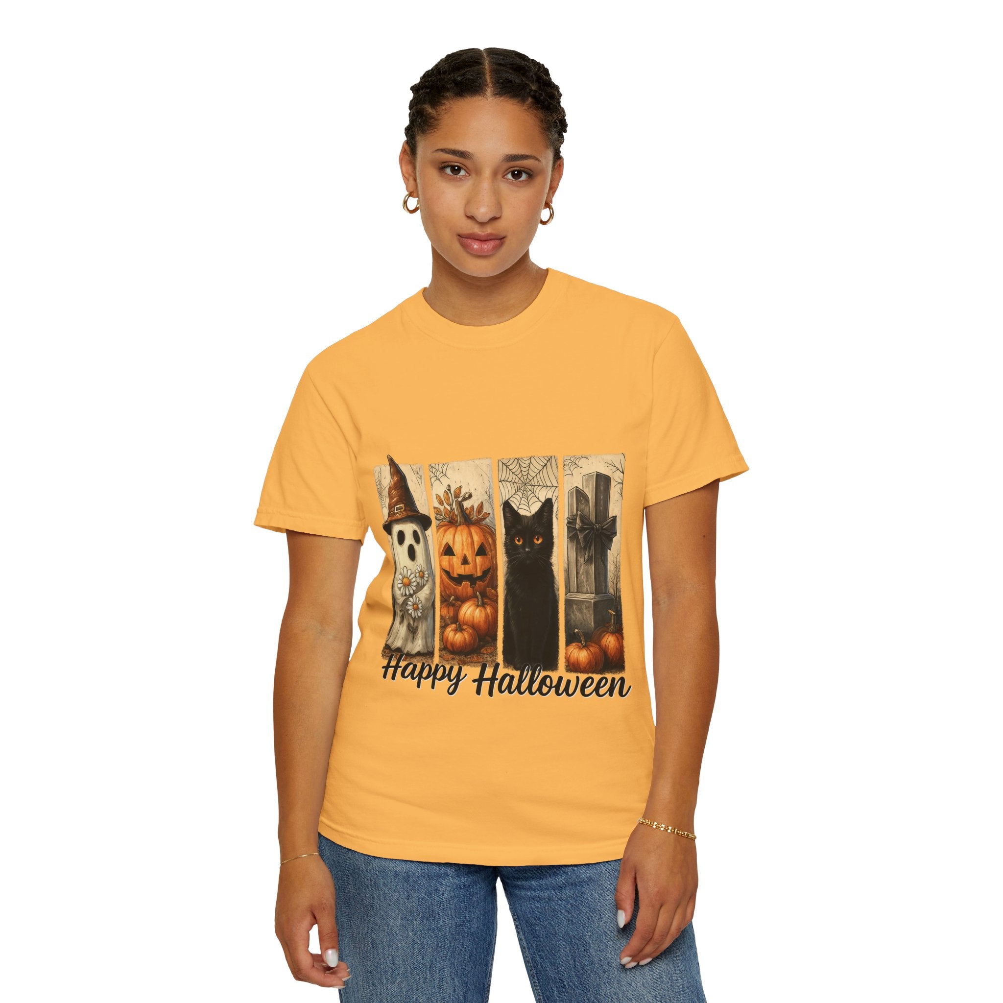 Happy Halloween Unisex T-Shirt – Ghost, Black Cat & Pumpkin Graphic Tee
