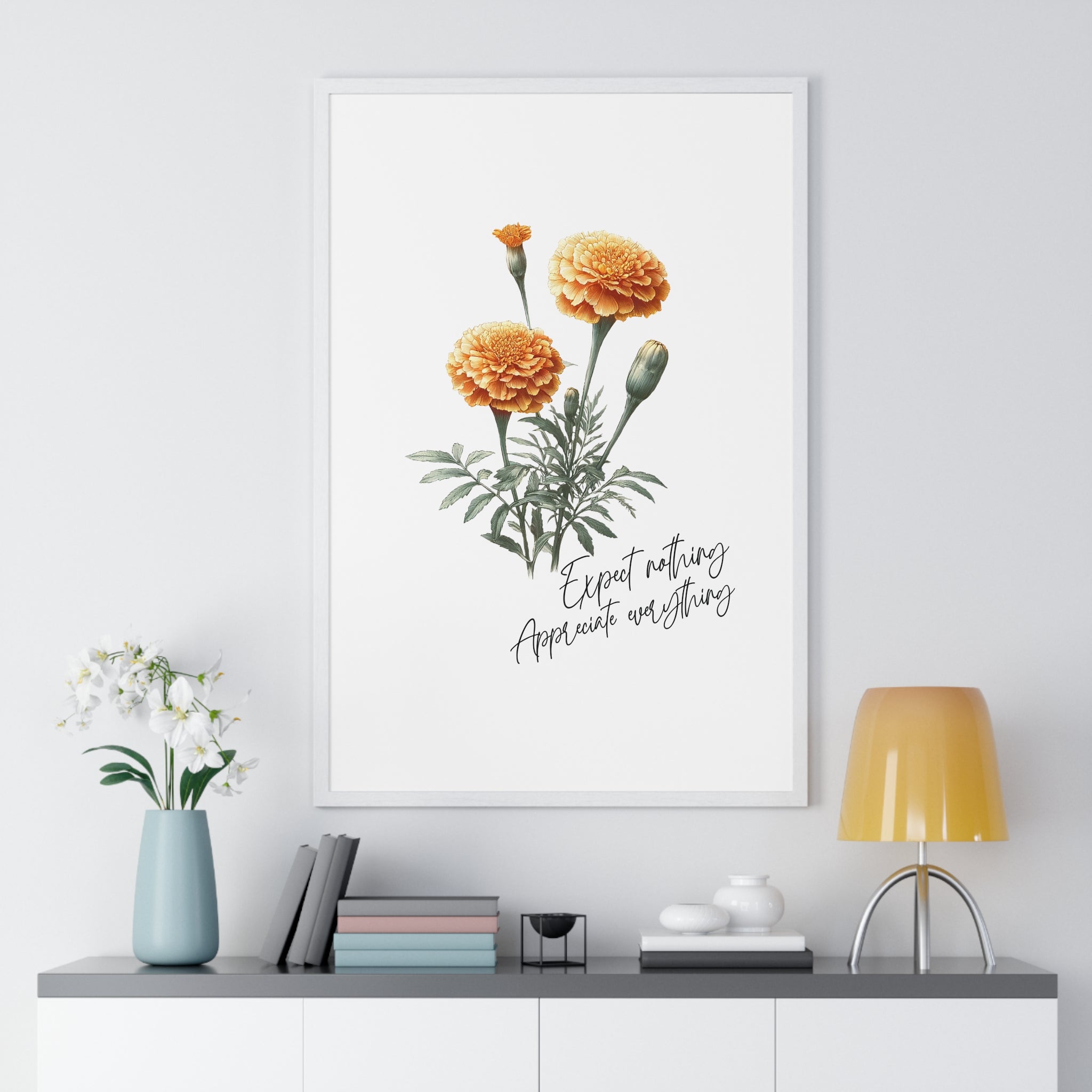 October Birth Month Flower Wall Art – Marigold Illustration with Inspirational Quote in Wooden Frame