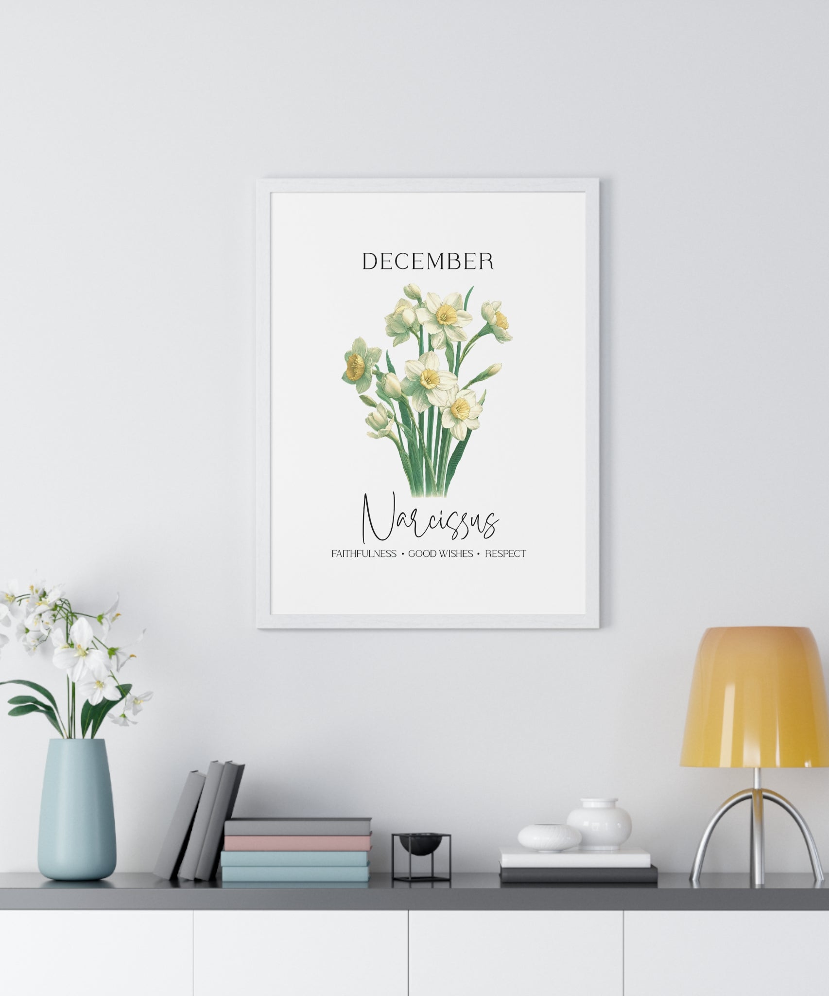 December Birth Month Flower Wall Art – Narcissus Illustration in Wooden Frame | Faithfulness, Good Wishes & Respect