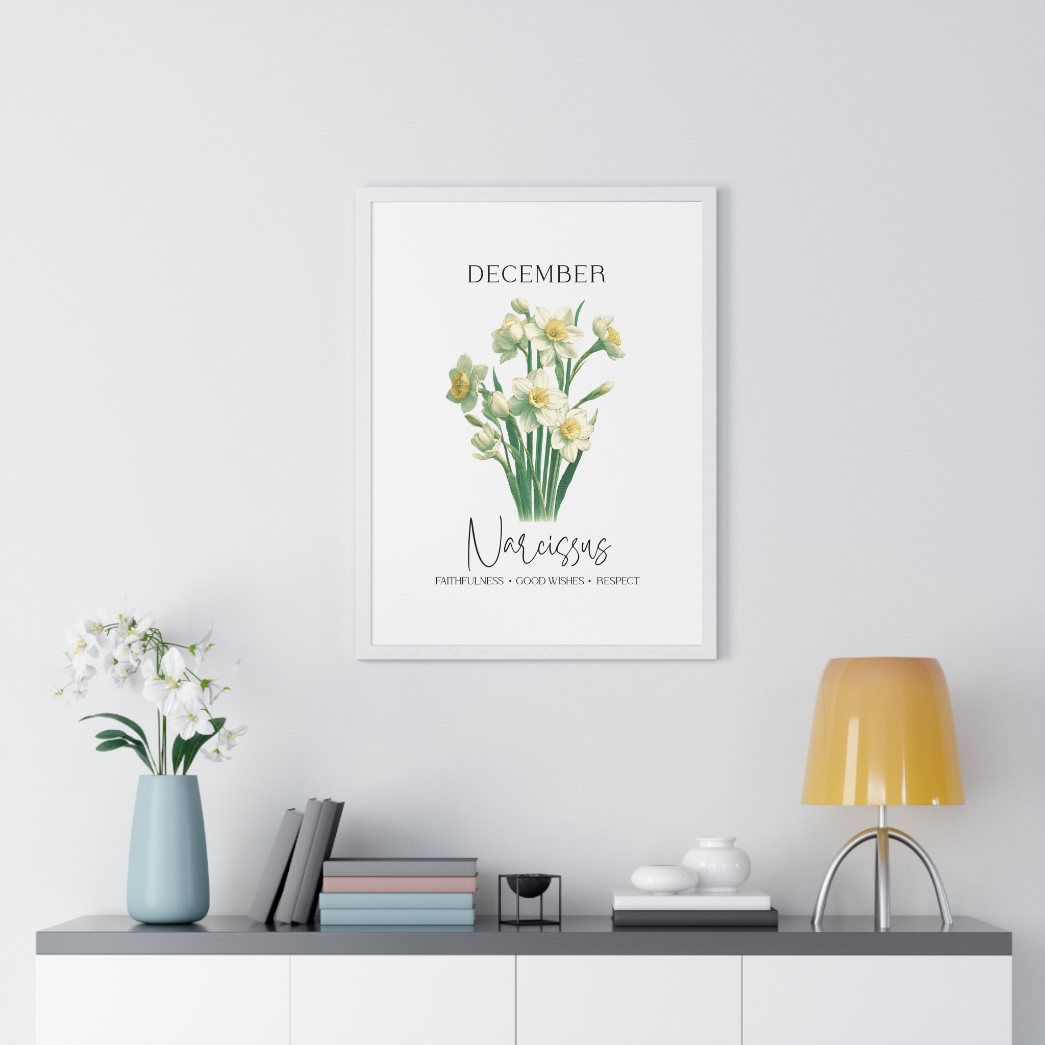 December Birth Month Flower Wall Art – Narcissus Illustration in Wooden Frame | Faithfulness, Good Wishes & Respect