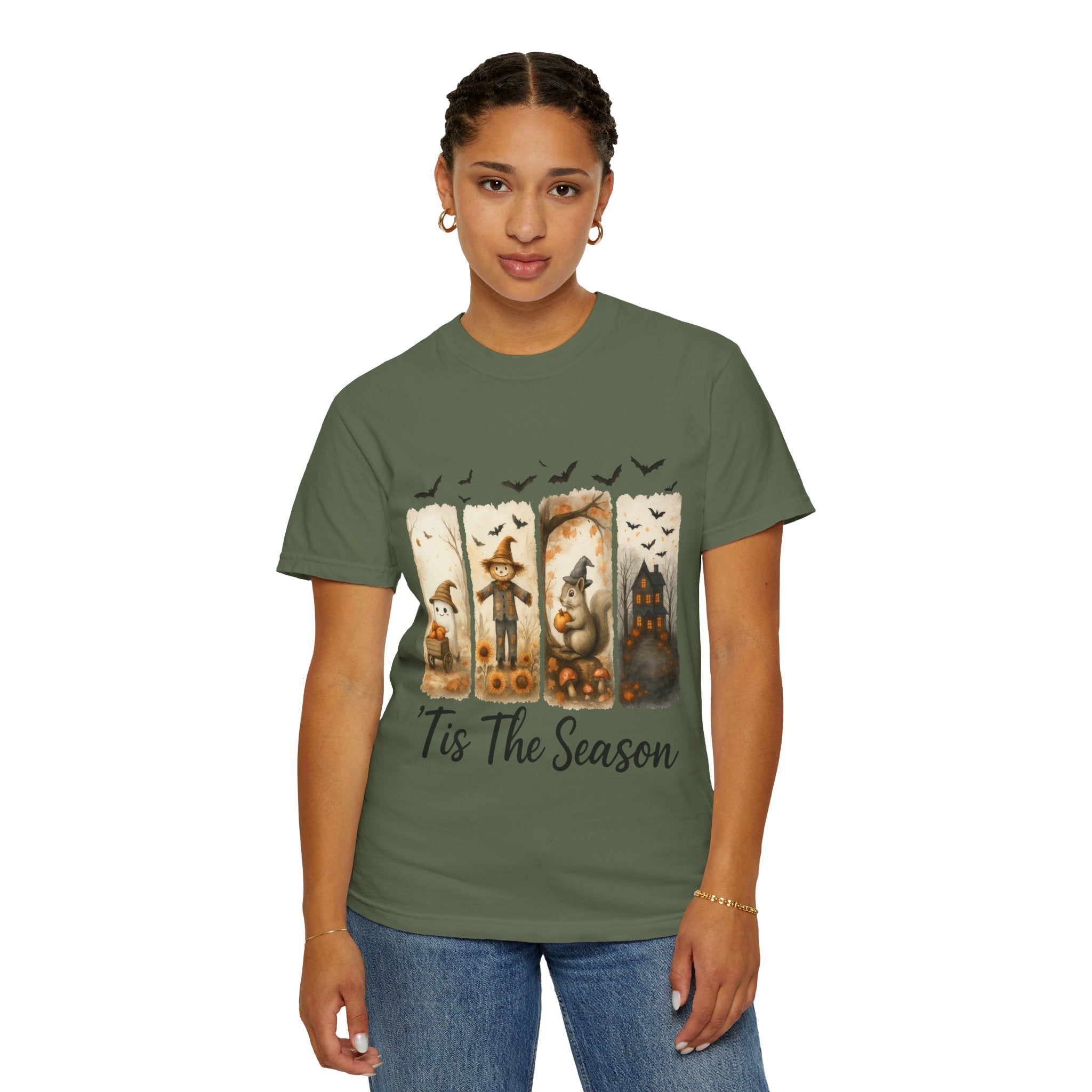 Tis The Season Fall Halloween T-Shirt – Cute Ghost, Scarecrow, Squirrel & Haunted House Design