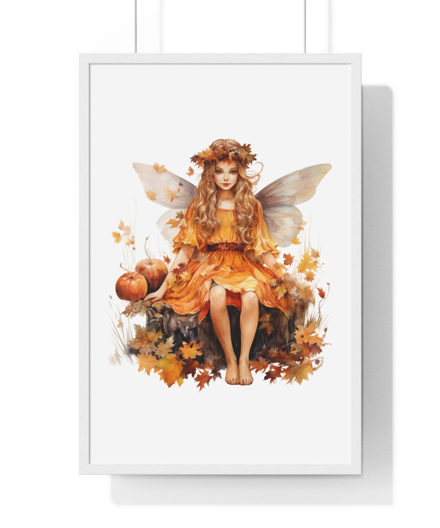 Fall Fairy Wall Art – Orange Dress Woodland Fairy with Pumpkins | Wooden Frame Poster for Autumn Home Decor