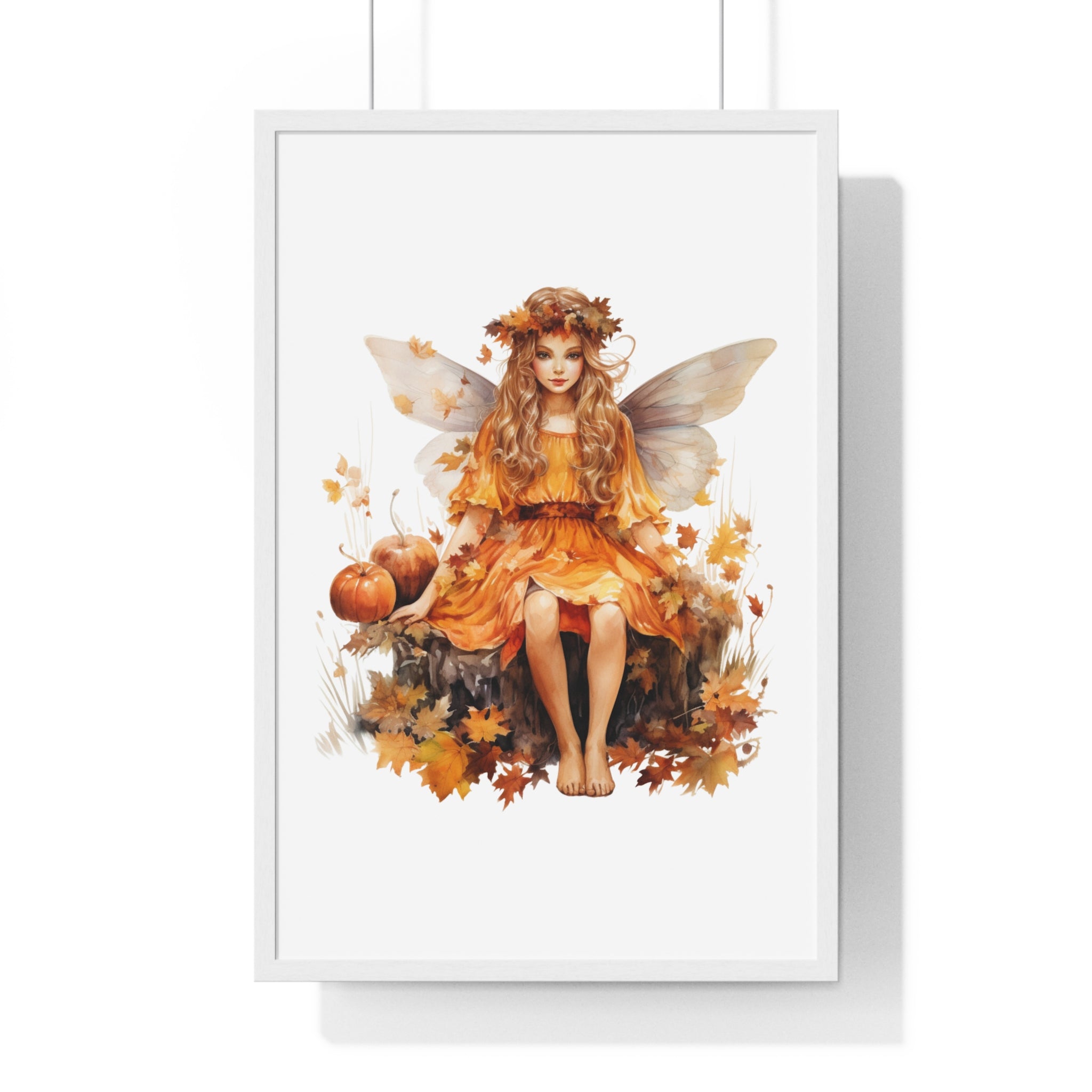 Fall Fairy Wall Art – Orange Dress Woodland Fairy with Pumpkins | Wooden Frame Poster for Autumn Home Decor