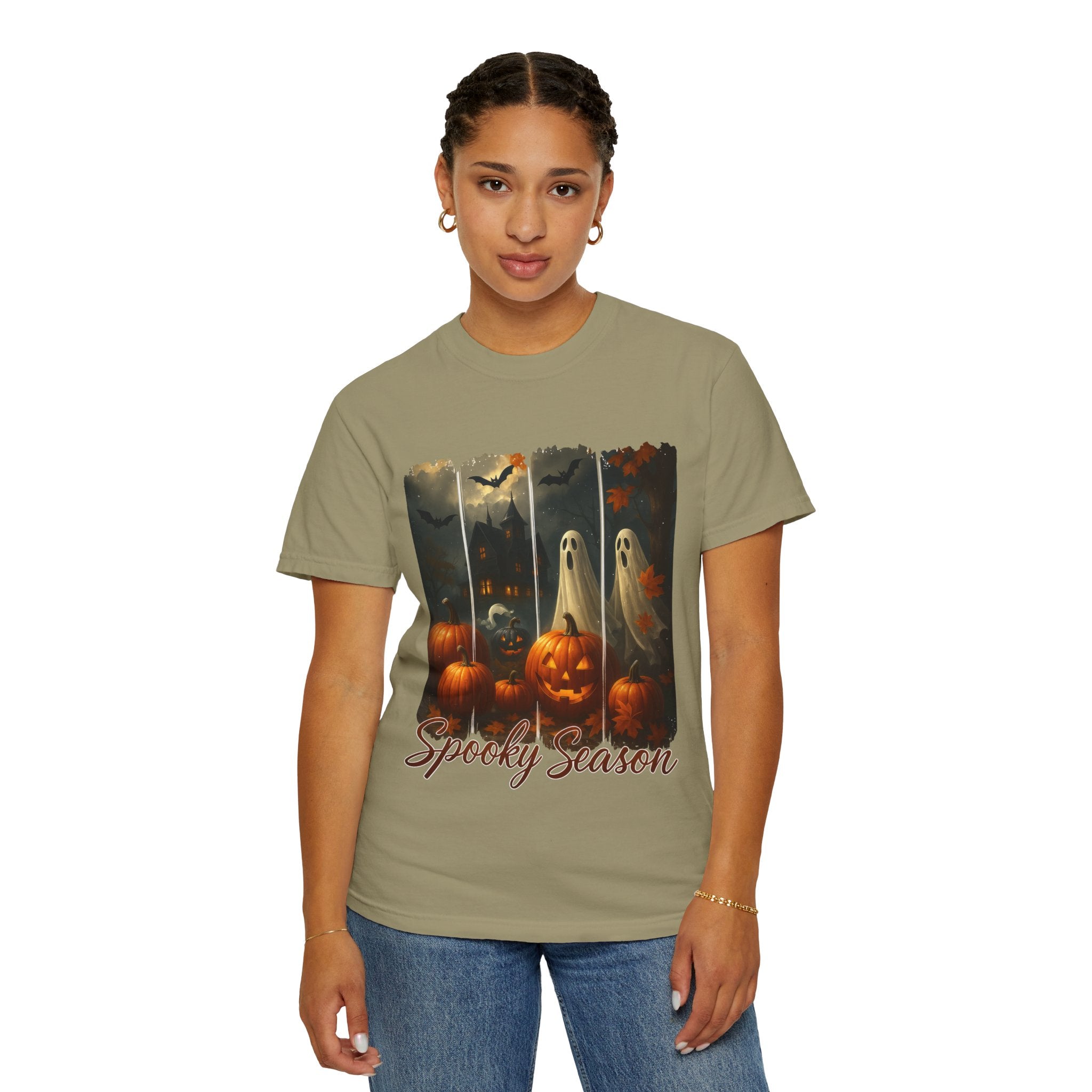 Spooky Season Unisex Halloween T-Shirt – Haunted House, Pumpkins & Ghosts Fall Design