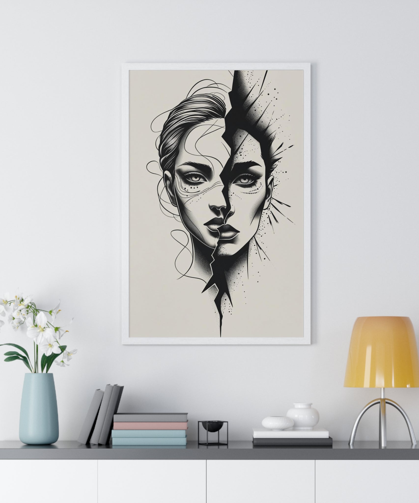 Framed Art Print, Modern Wall Decor, Home Office Gift, Minimalist Split Face Poster, Stylish Artwork - Gallory Hive