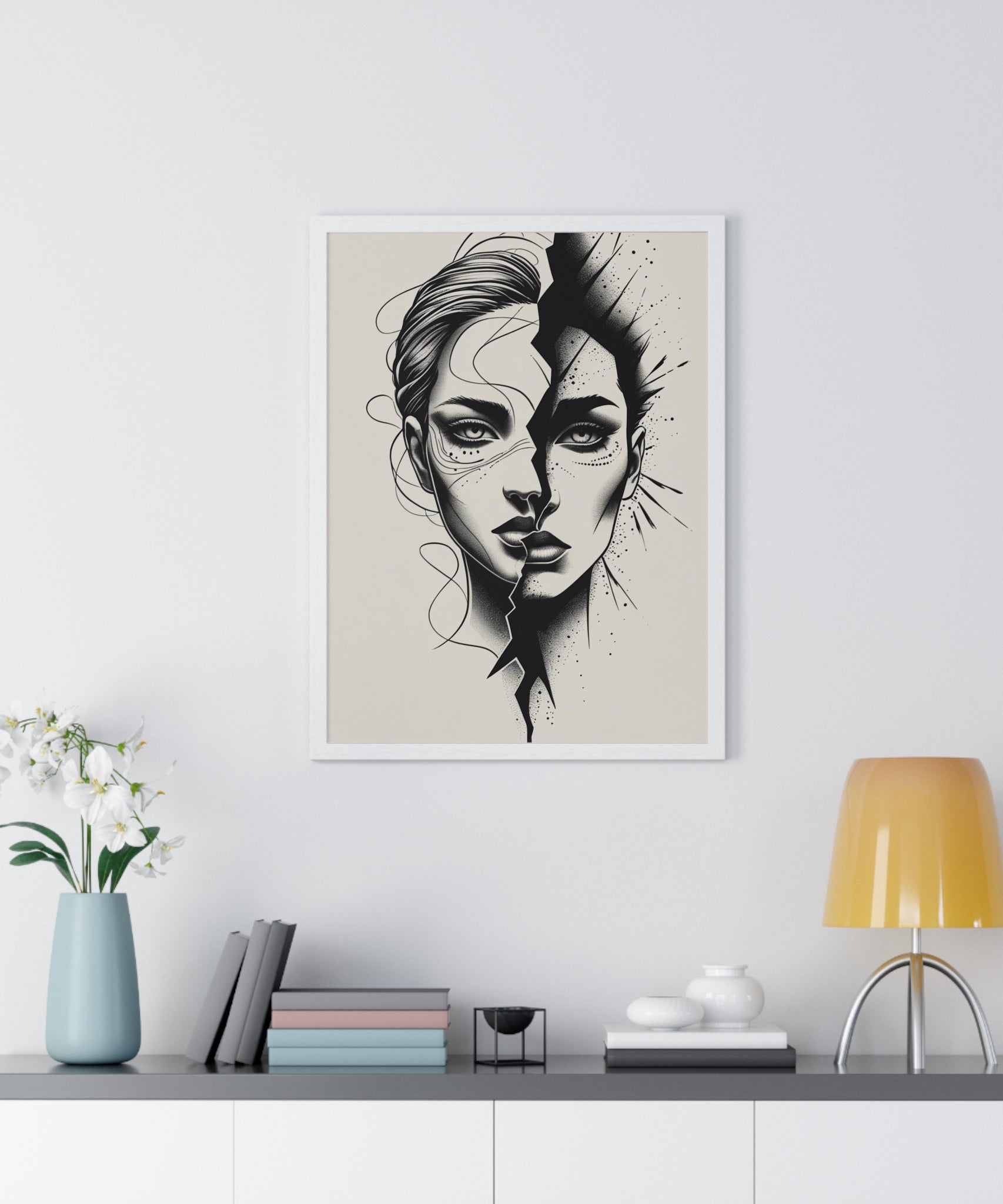 Framed Art Print, Modern Wall Decor, Home Office Gift, Minimalist Split Face Poster, Stylish Artwork - Gallory Hive
