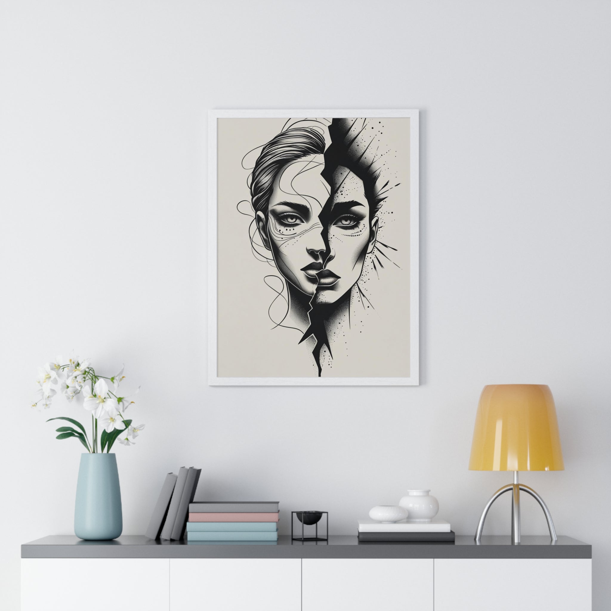 Framed Art Print, Modern Wall Decor, Home Office Gift, Minimalist Split Face Poster, Stylish Artwork