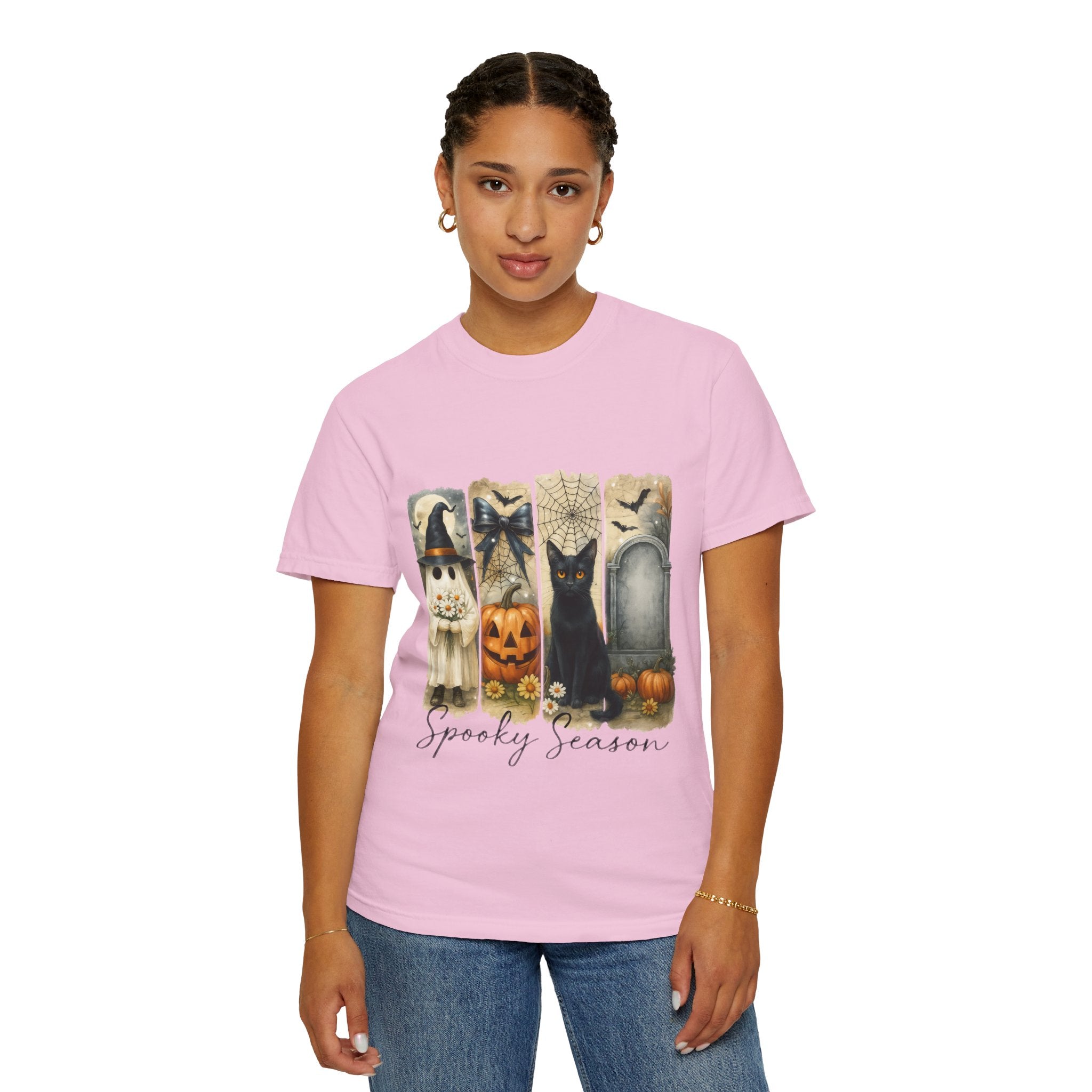 Spooky Season Halloween Unisex T-Shirt – Ghost, Black Cat & Pumpkin Design