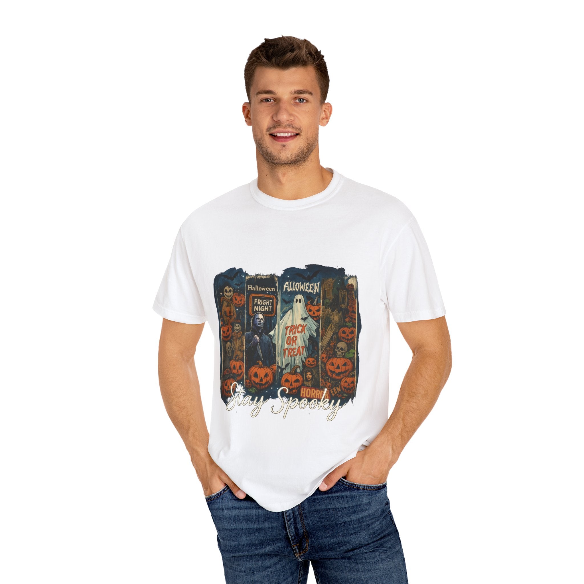 Stay Spooky Halloween Horror T-Shirt – Retro Slasher, Ghost, Pumpkins & Fright Night Design