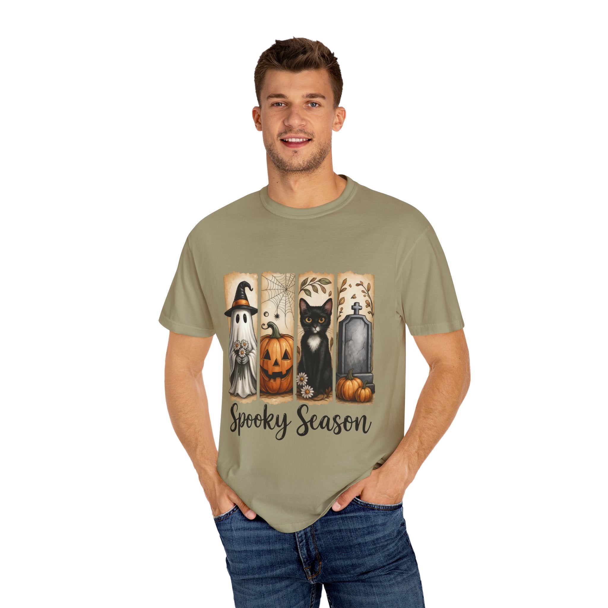 Spooky Season Halloween Unisex T-Shirt – Ghost, Cat & Pumpkin Design