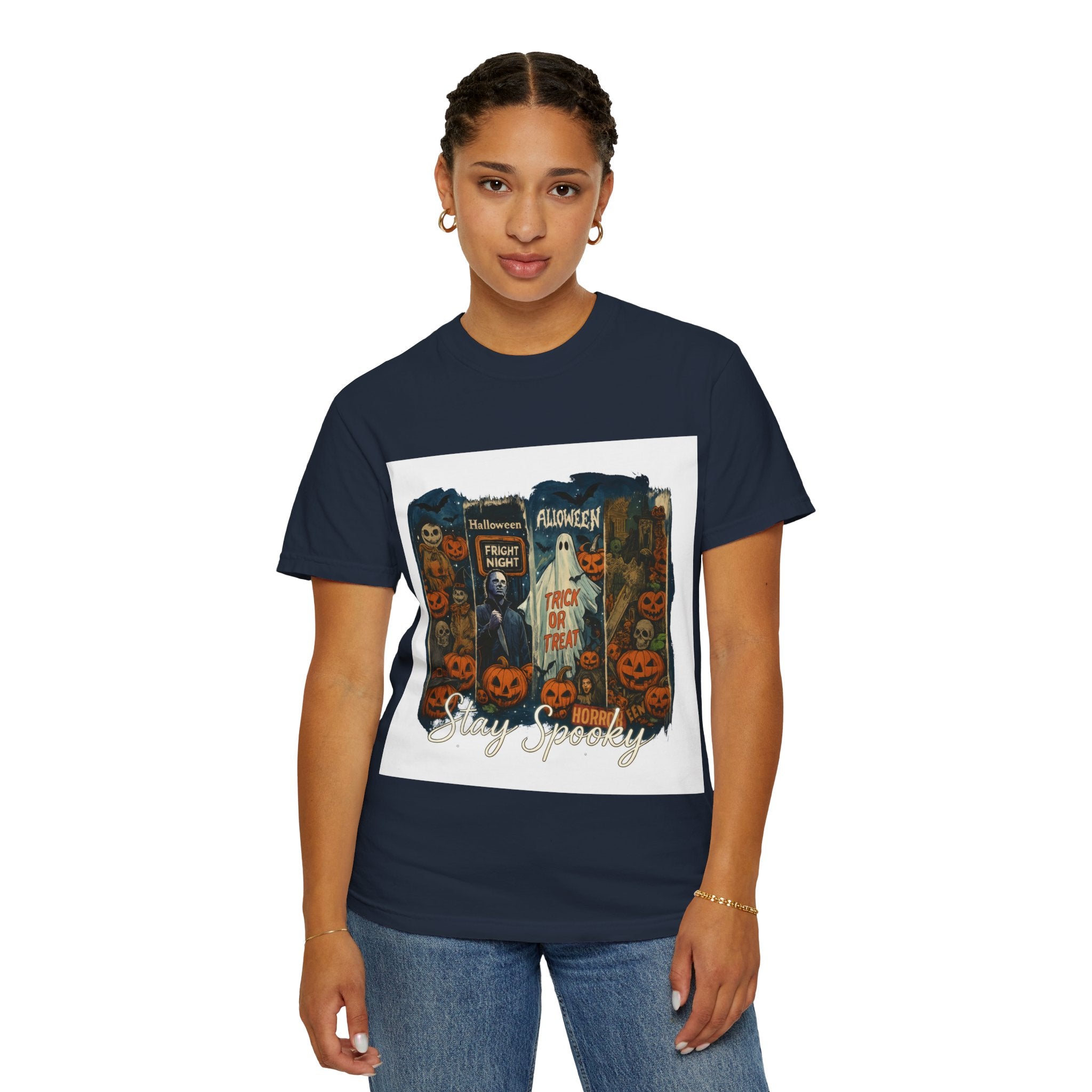 Stay Spooky Halloween Horror T-Shirt – Retro Slasher, Ghost, Pumpkins & Fright Night Design