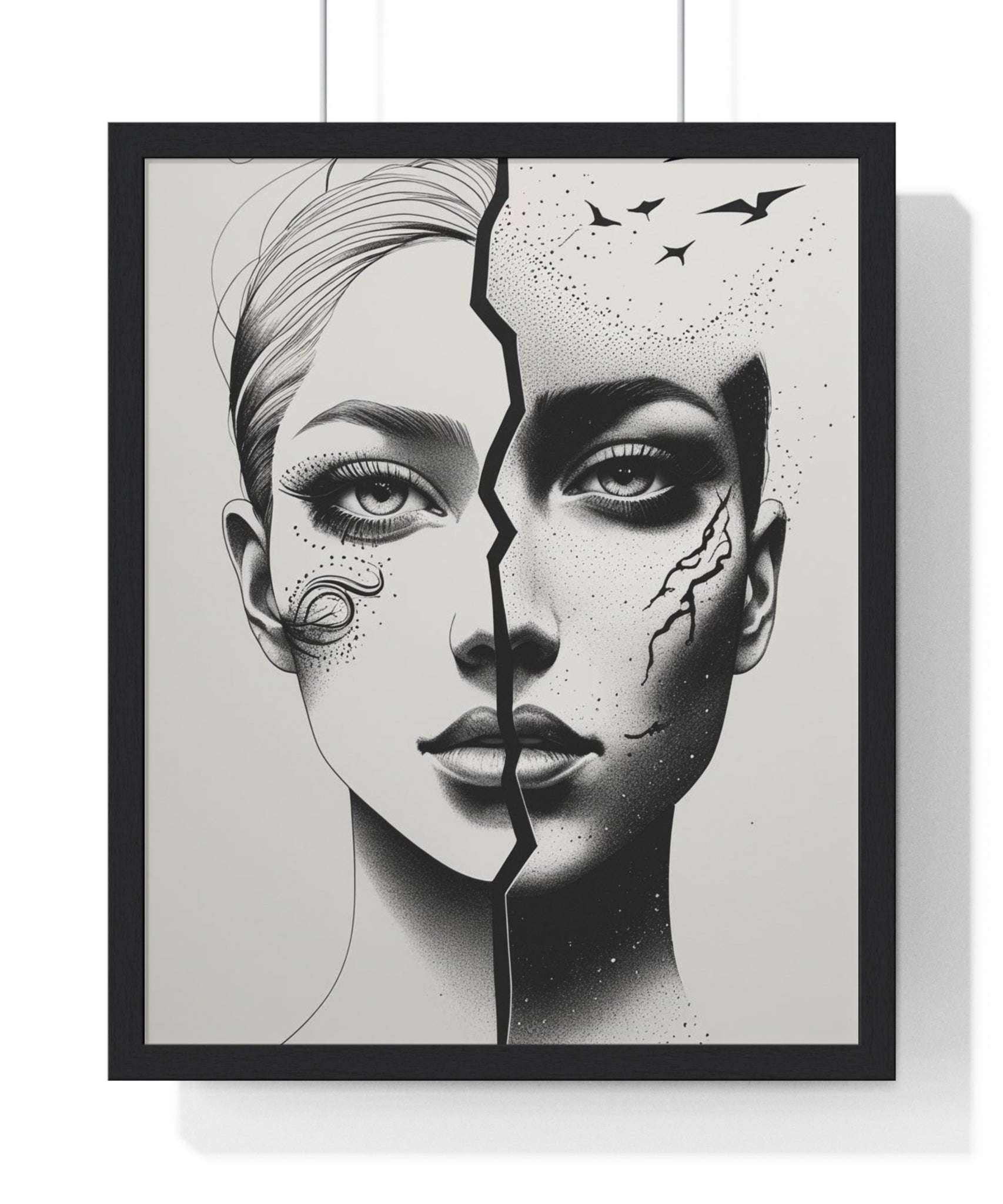 Vertical Framed Poster, Artistic Split Face Poster, Abstract Wall Art, Modern Home Decor, Unique Gift for Art Lovers, Stylish Room - Gallory Hive
