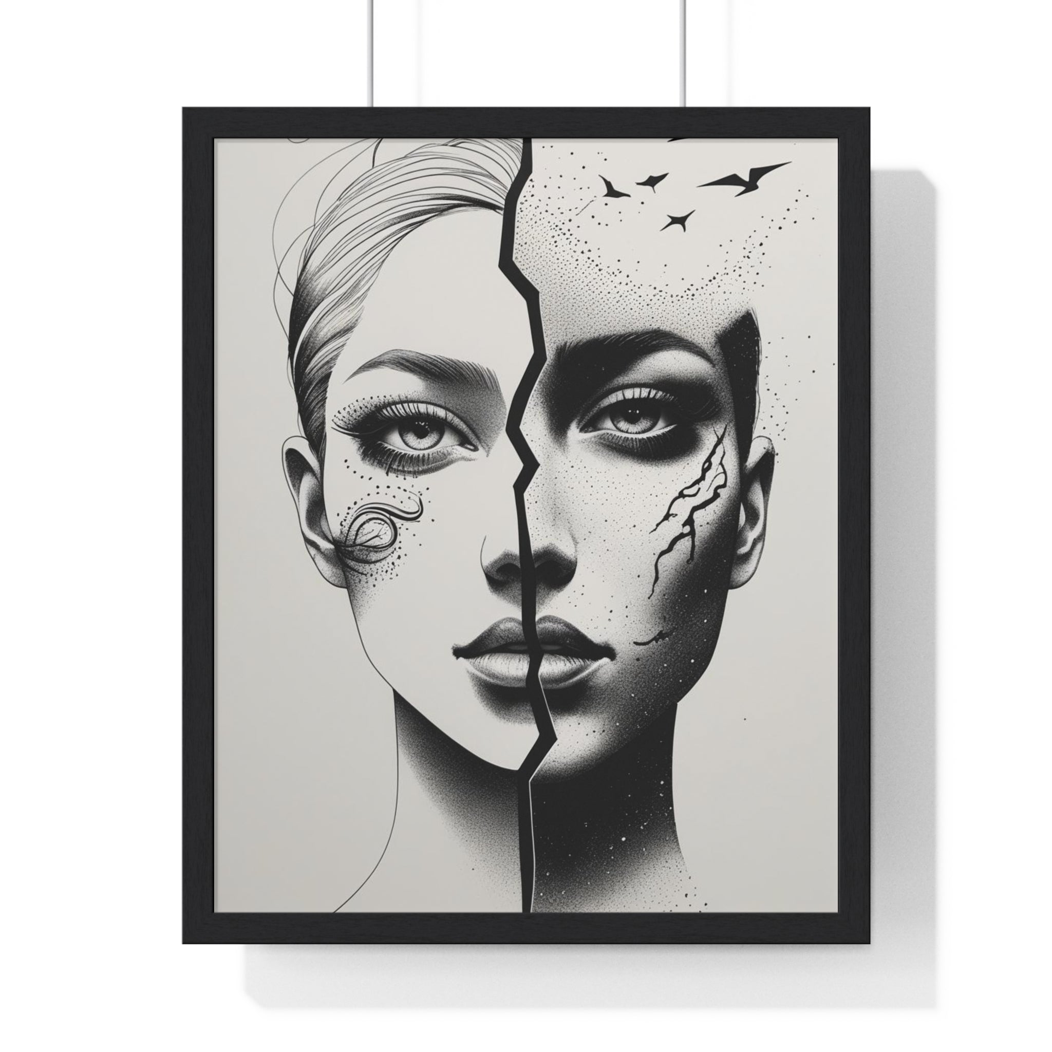 Vertical Framed Poster, Artistic Split Face Poster, Abstract Wall Art, Modern Home Decor, Unique Gift for Art Lovers, Stylish Room