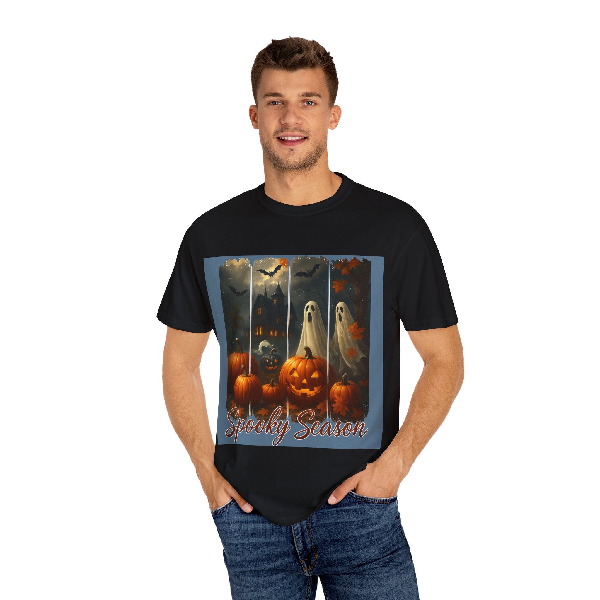 Spooky Season Unisex Halloween T-Shirt – Haunted House, Pumpkins & Ghosts Fall Design