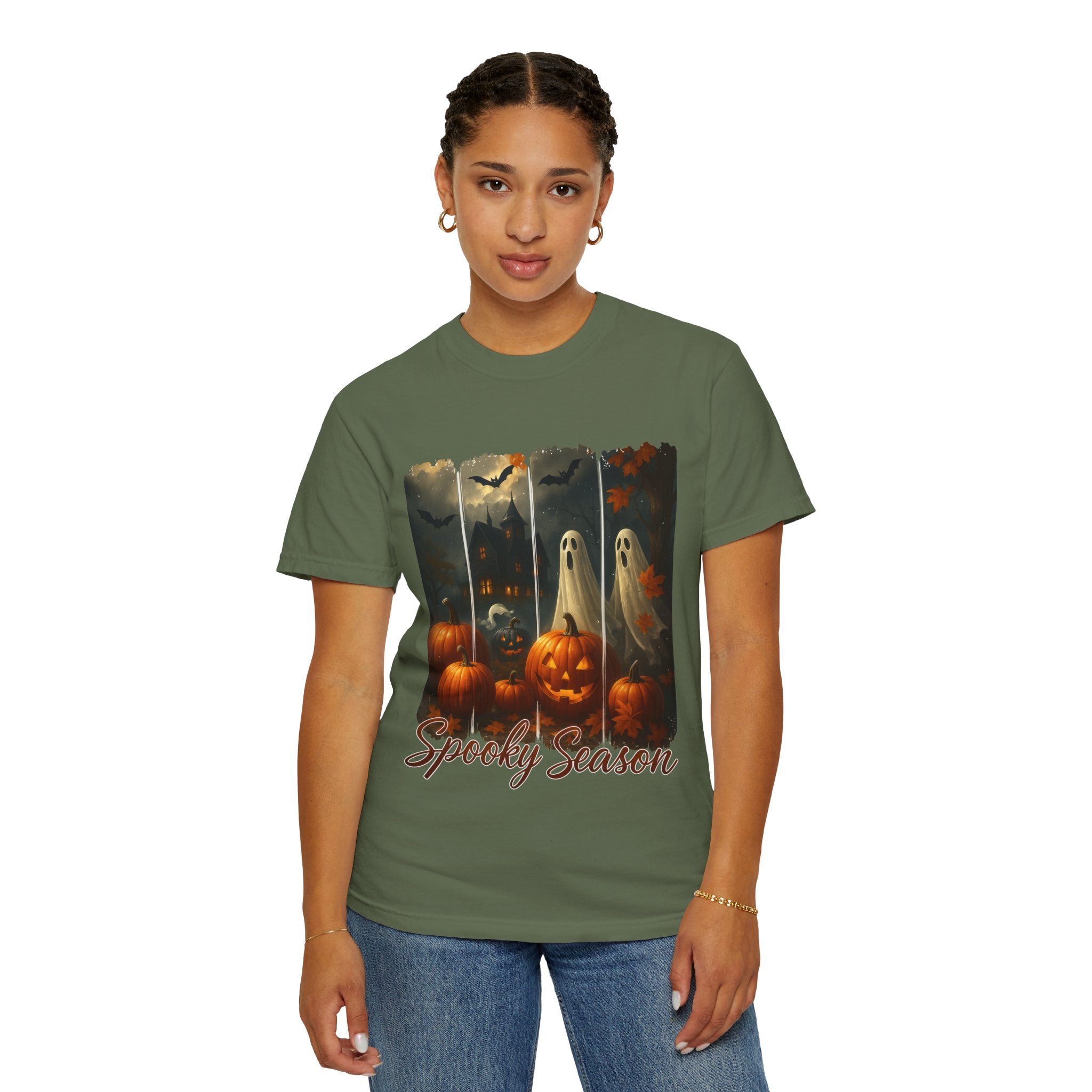 Spooky Season Unisex Halloween T-Shirt – Haunted House, Pumpkins & Ghosts Fall Design