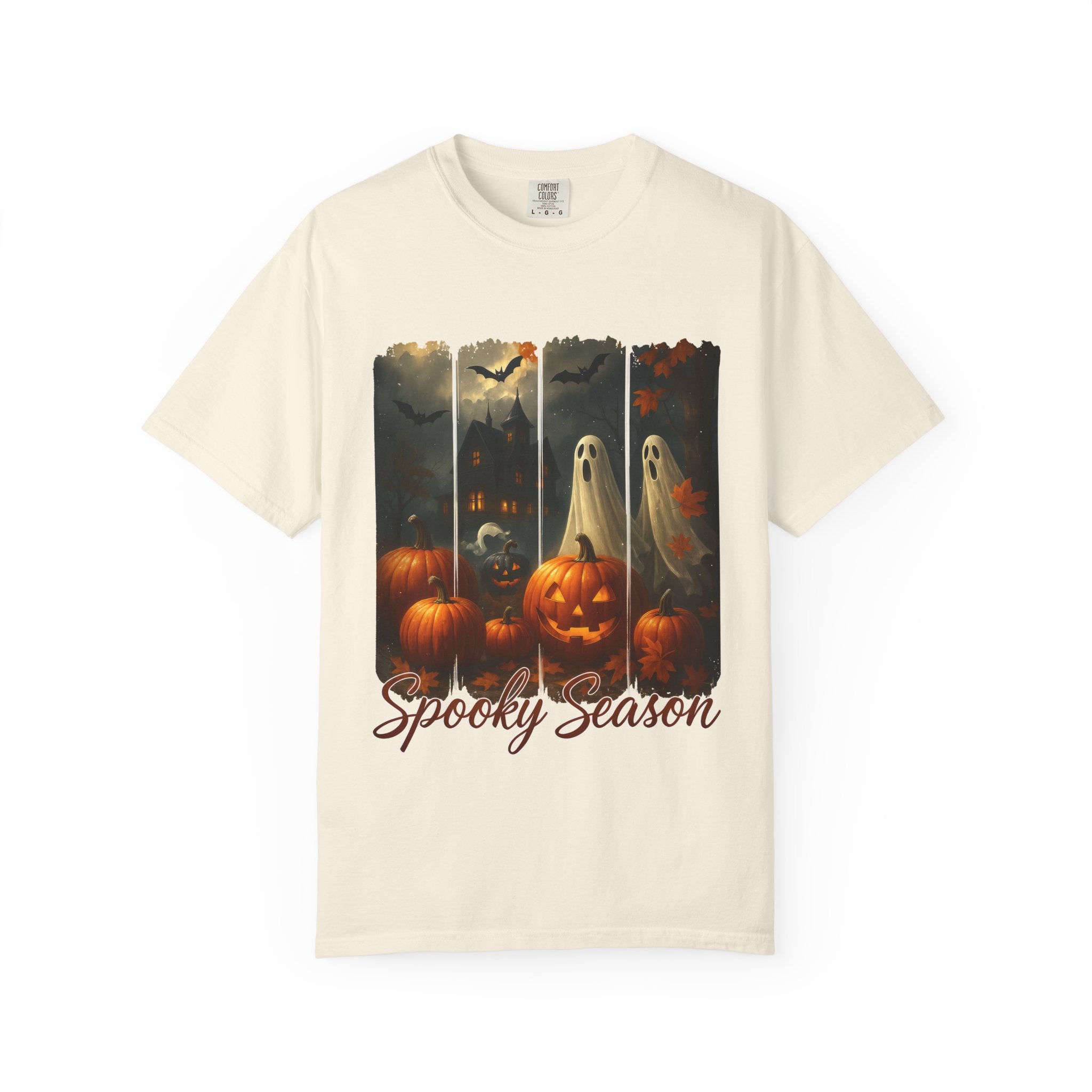 Spooky Season Unisex Halloween T-Shirt – Haunted House, Pumpkins & Ghosts Fall Design