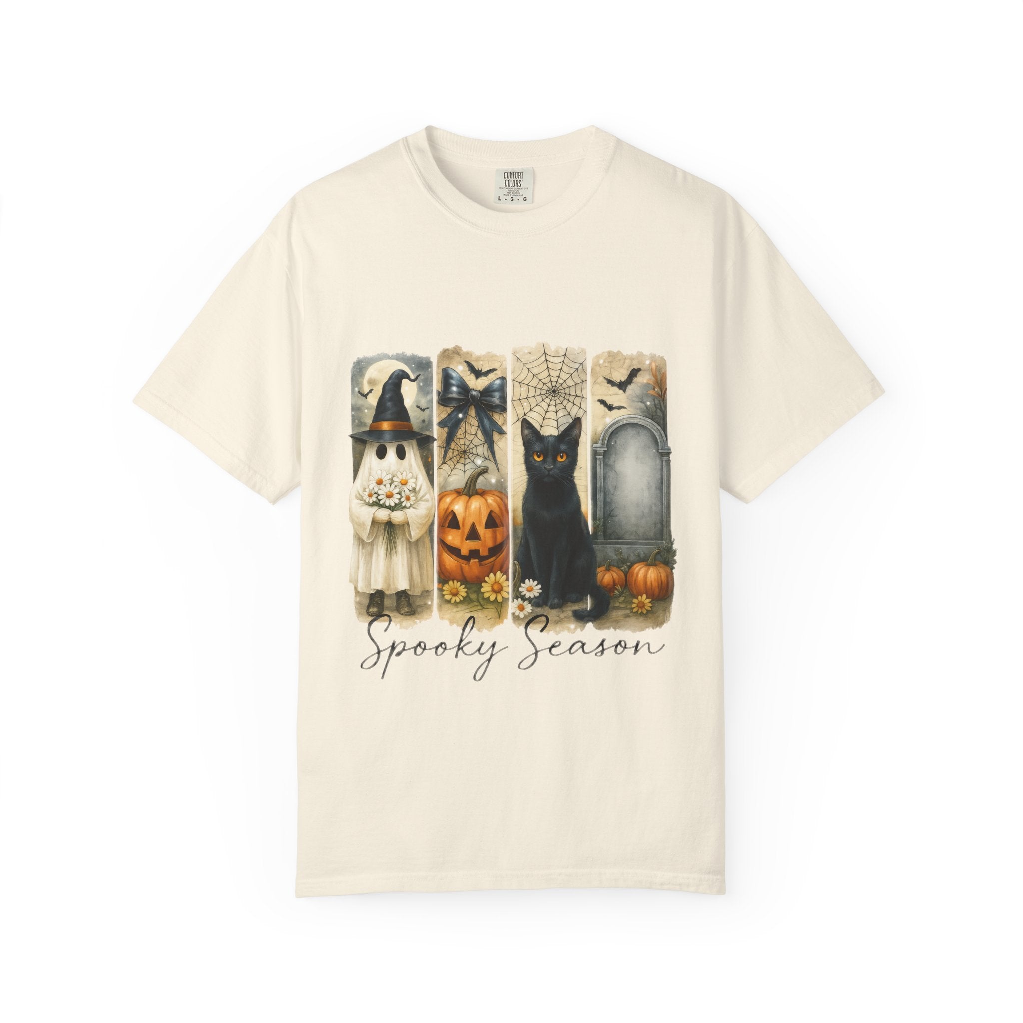 Spooky Season Halloween Unisex T-Shirt – Ghost, Black Cat & Pumpkin Design