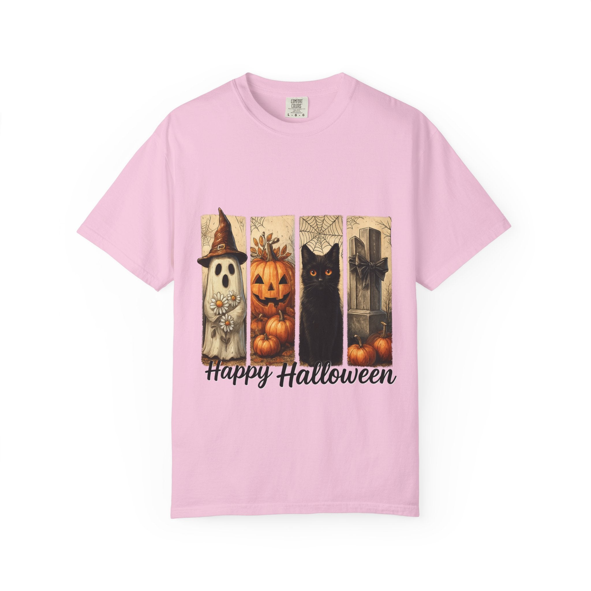 Happy Halloween Unisex T-Shirt – Ghost, Black Cat & Pumpkin Graphic Tee