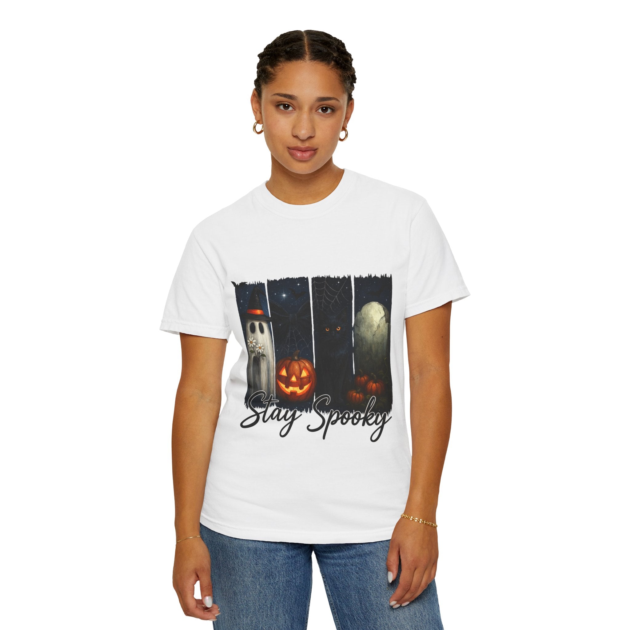 Stay Spooky Halloween T-Shirt – Cute Ghost, Black Cat, Pumpkin & Graveyard Design
