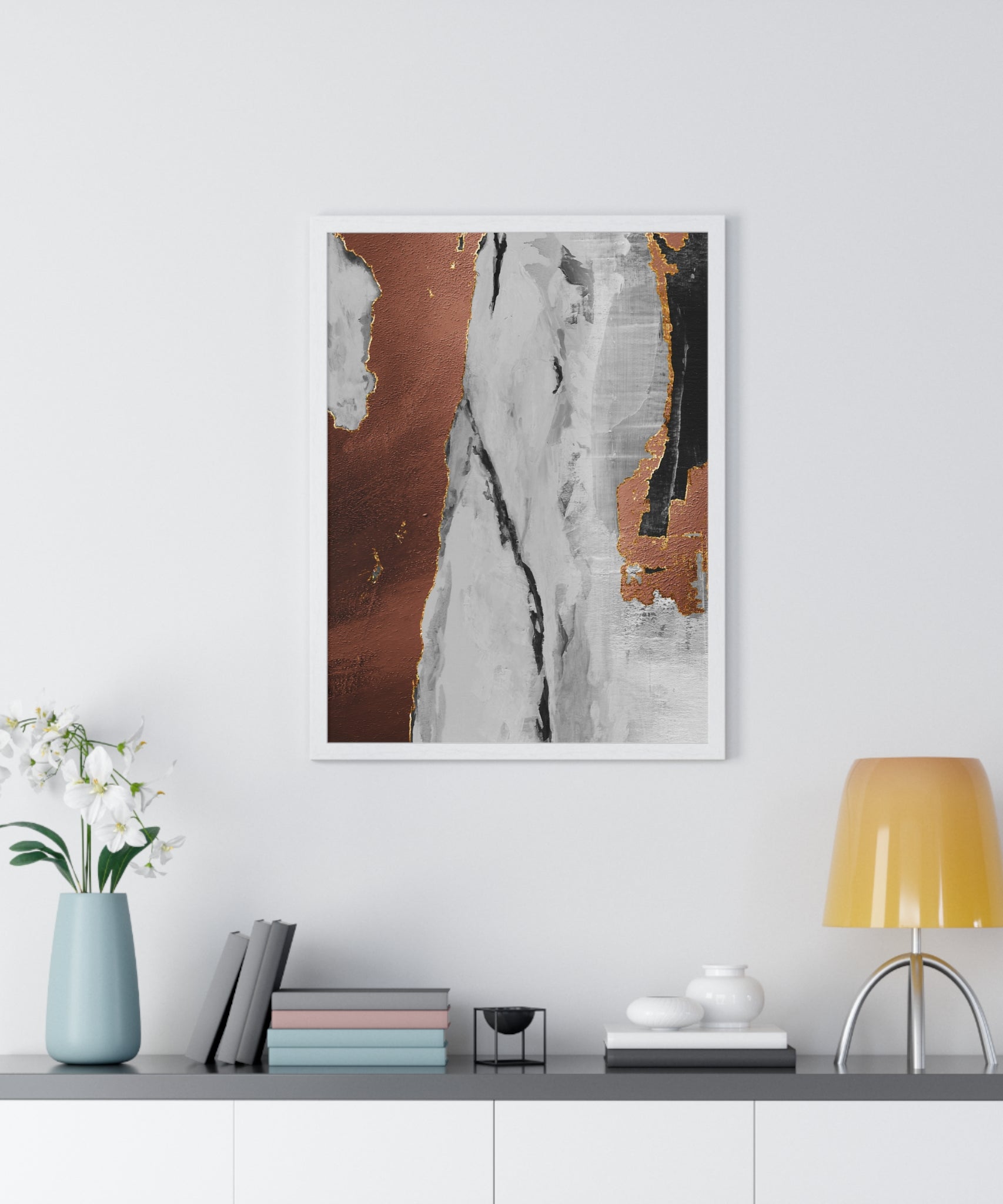Luxury Abstract Wall Art Poster – Metallic Copper & Marble Texture on Wooden Frame – Modern Home Décor