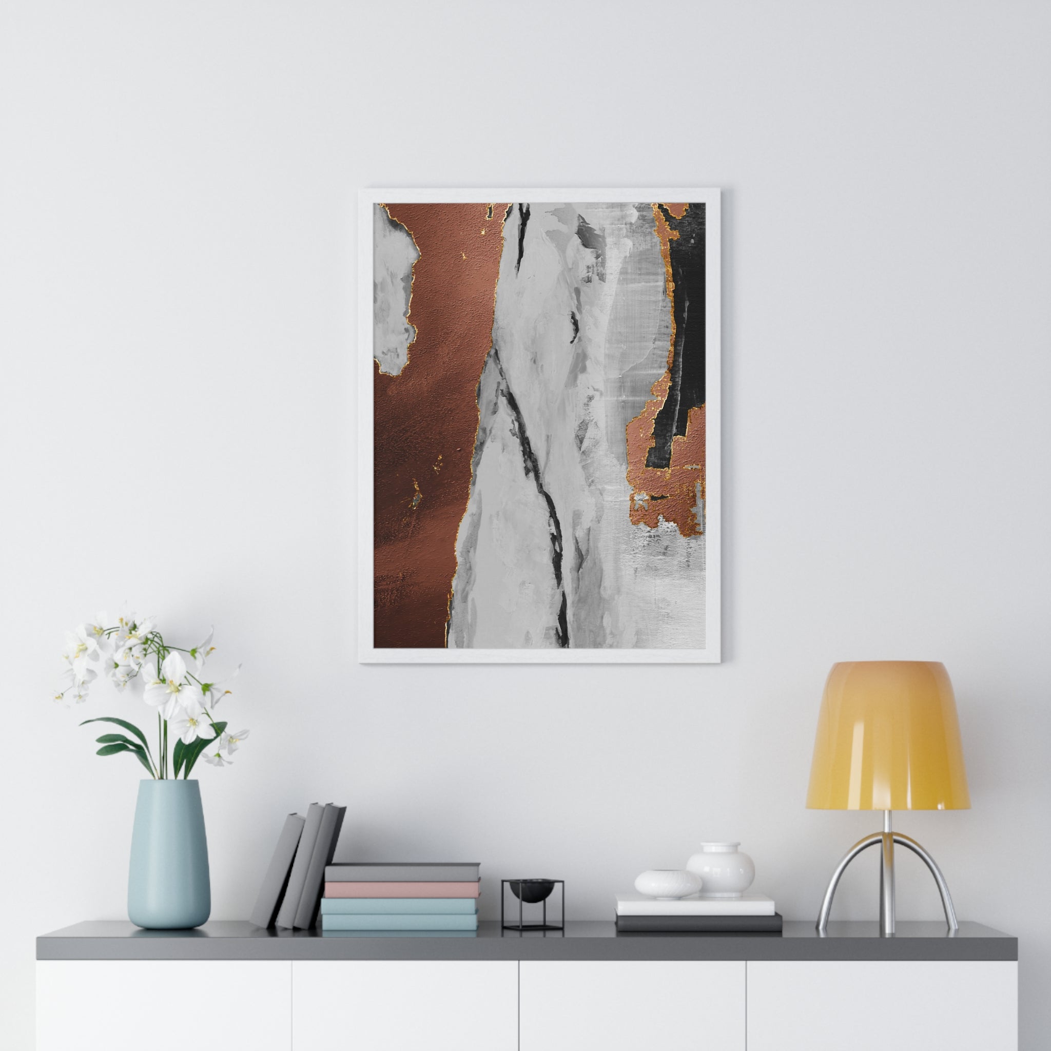 Luxury Abstract Wall Art Poster – Metallic Copper & Marble Texture on Wooden Frame – Modern Home Décor