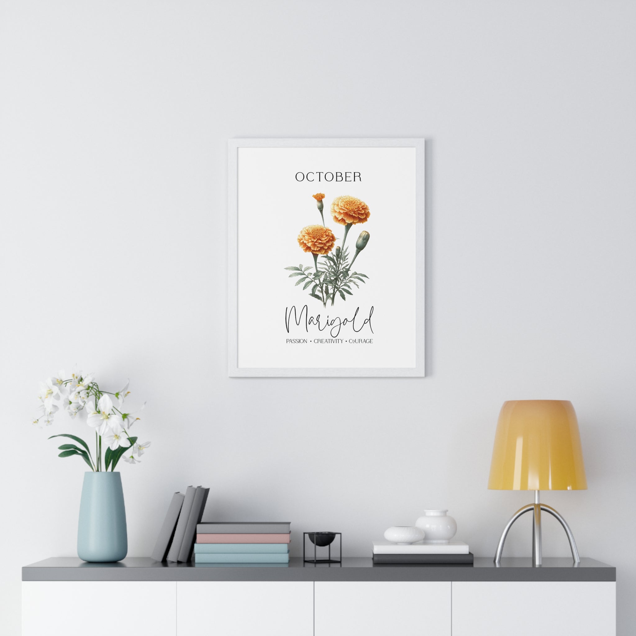 October Birth Month Flower Wall Art – Marigold Illustration in Wooden Frame | Passion, Creativity & Courage