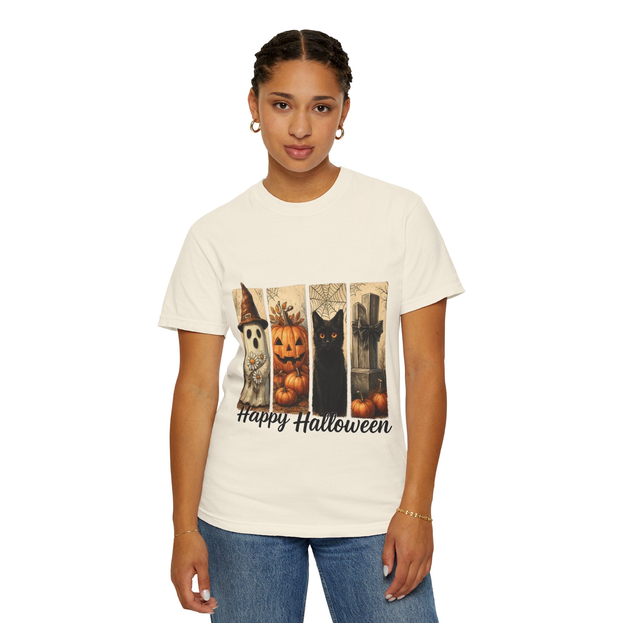 Happy Halloween Unisex T-Shirt – Ghost, Black Cat & Pumpkin Graphic Tee - Gallory Hive