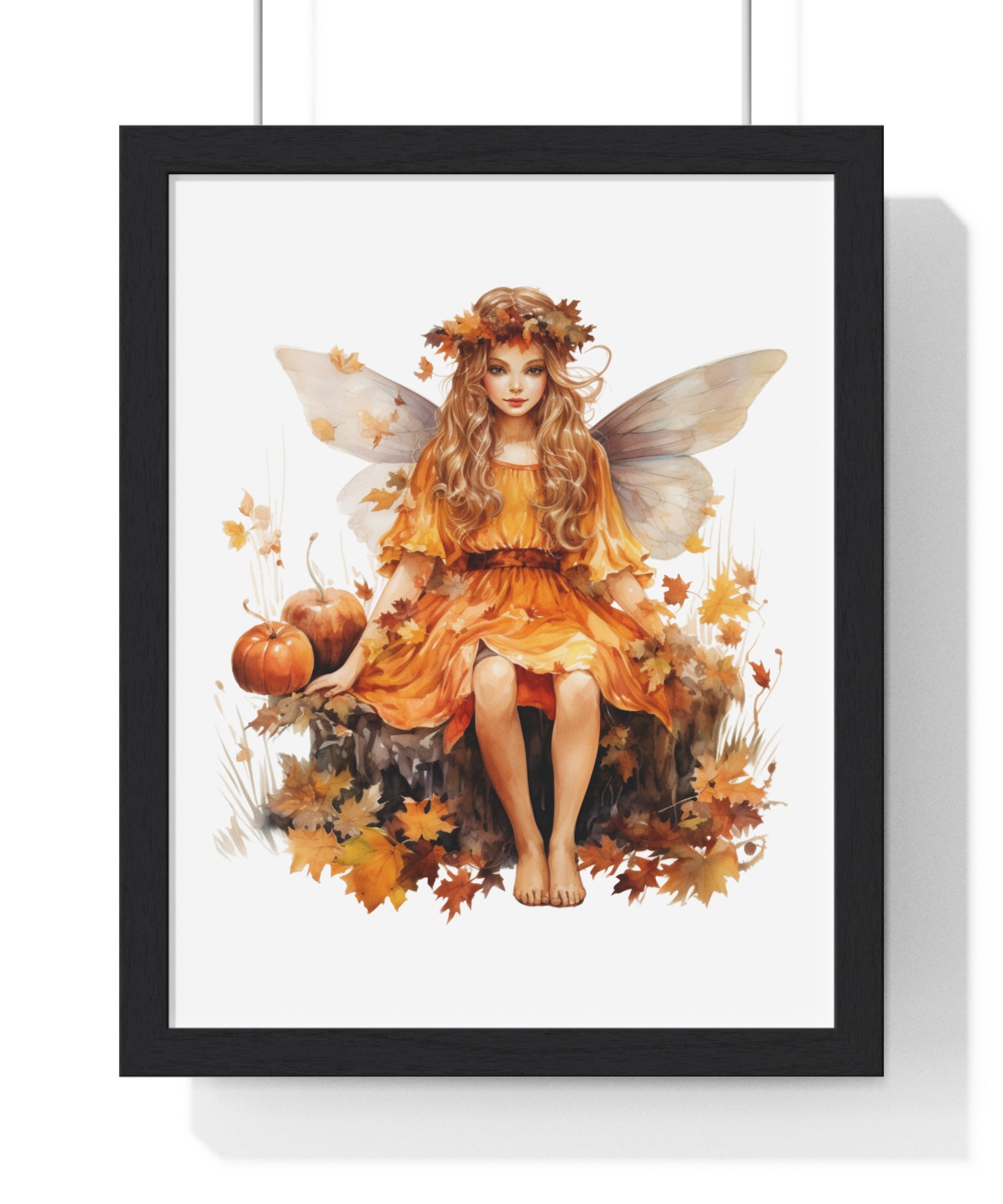 Fall Fairy Wall Art – Orange Dress Woodland Fairy with Pumpkins | Wooden Frame Poster for Autumn Home Decor