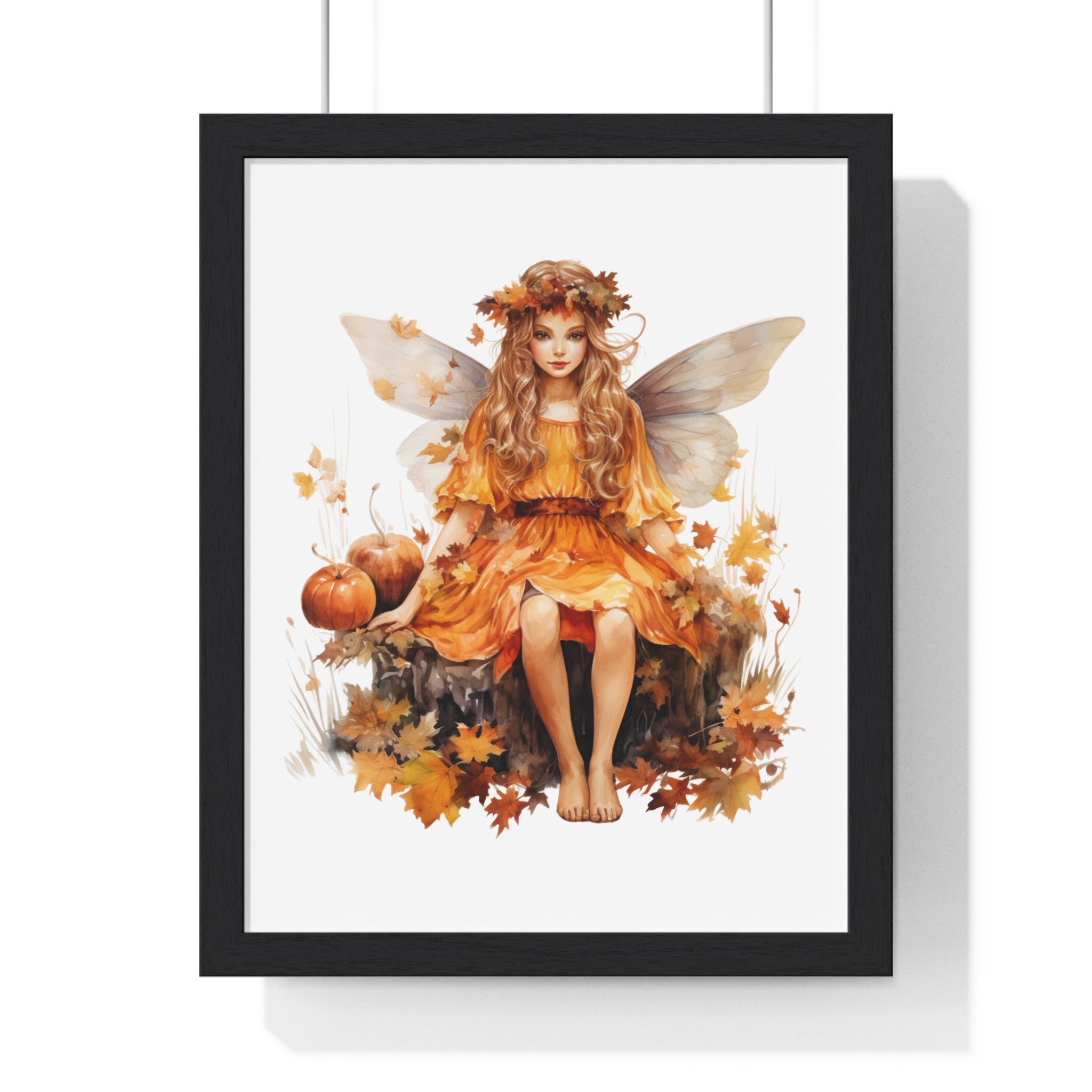 Fall Fairy Wall Art – Orange Dress Woodland Fairy with Pumpkins | Wooden Frame Poster for Autumn Home Decor