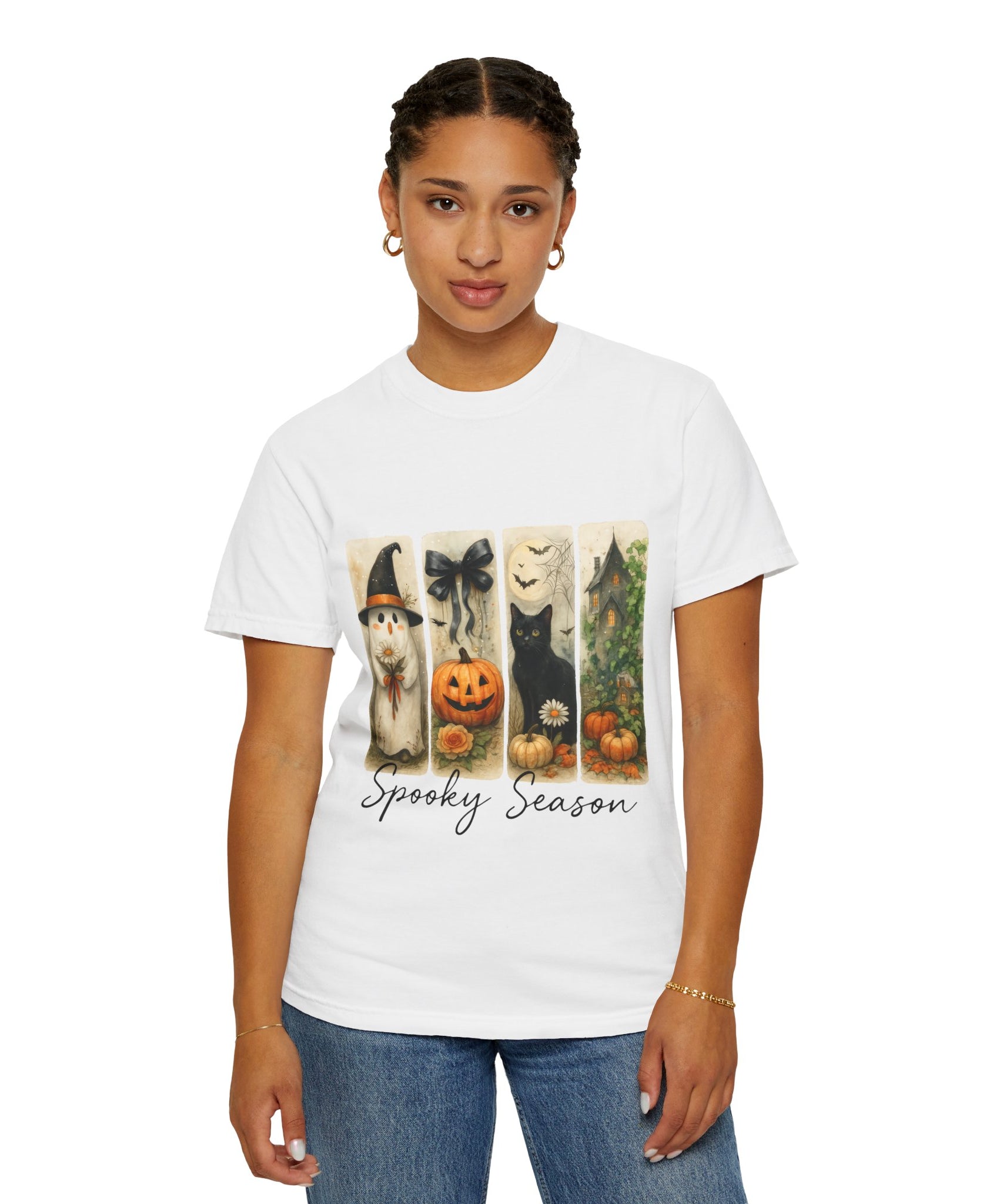 Vintage Halloween Unisex T-Shirt – Cute Ghost, Black Cat, Pumpkin & Haunted House Art - Gallory Hive