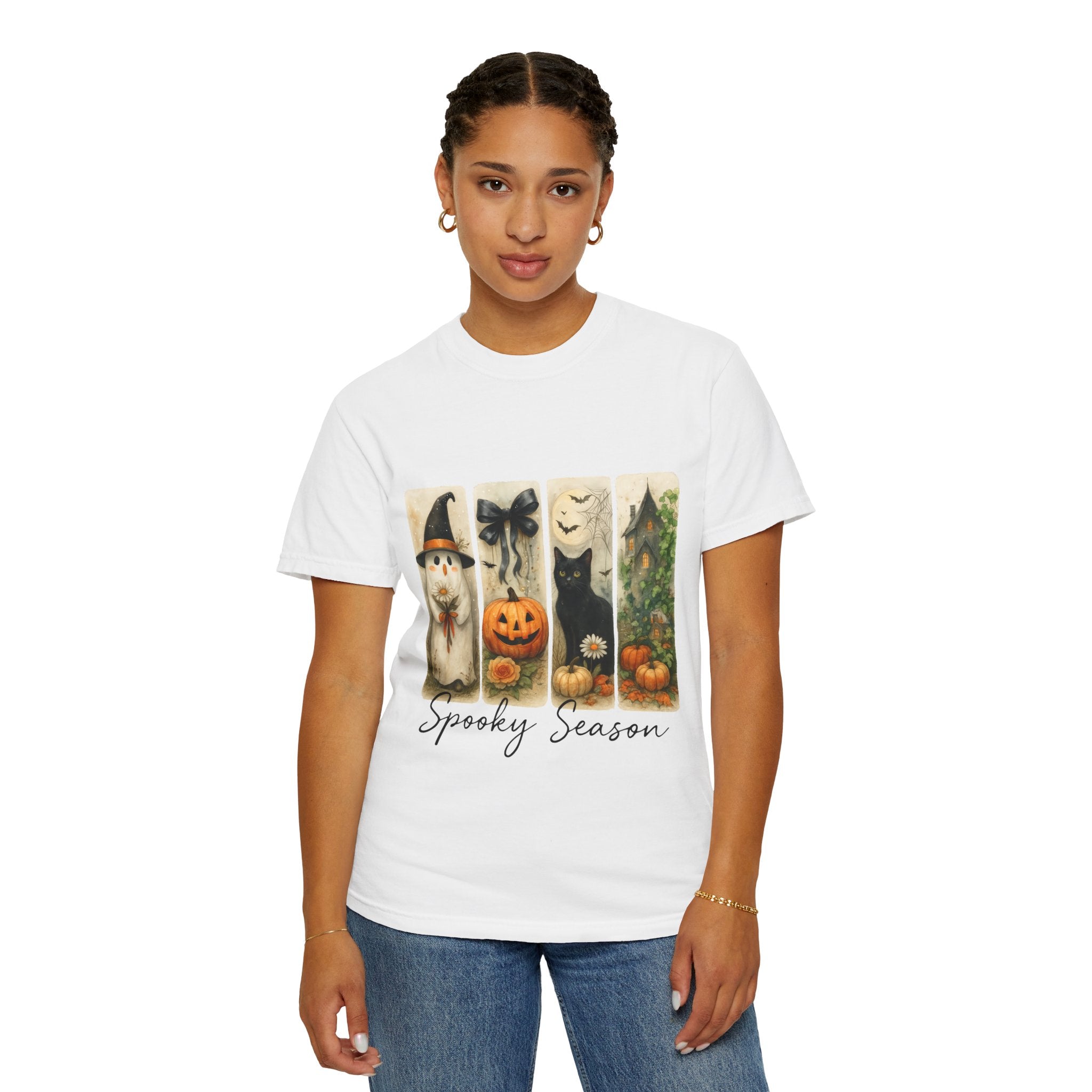Vintage Halloween Unisex T-Shirt – Cute Ghost, Black Cat, Pumpkin & Haunted House Art